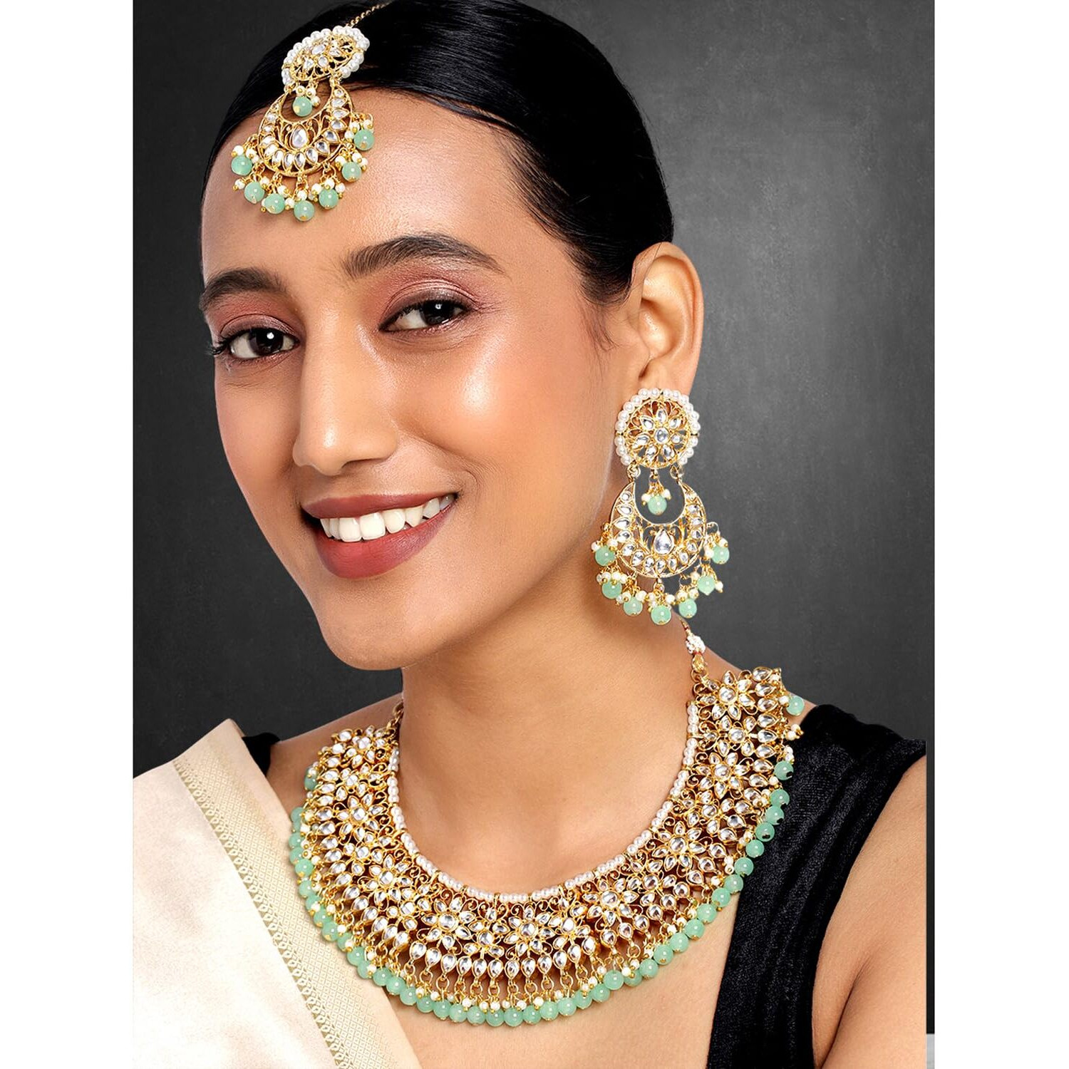 Peora Gold Plated Kundan Choker Necklace Earrings with Maang Tikka Jewellery Set for Women