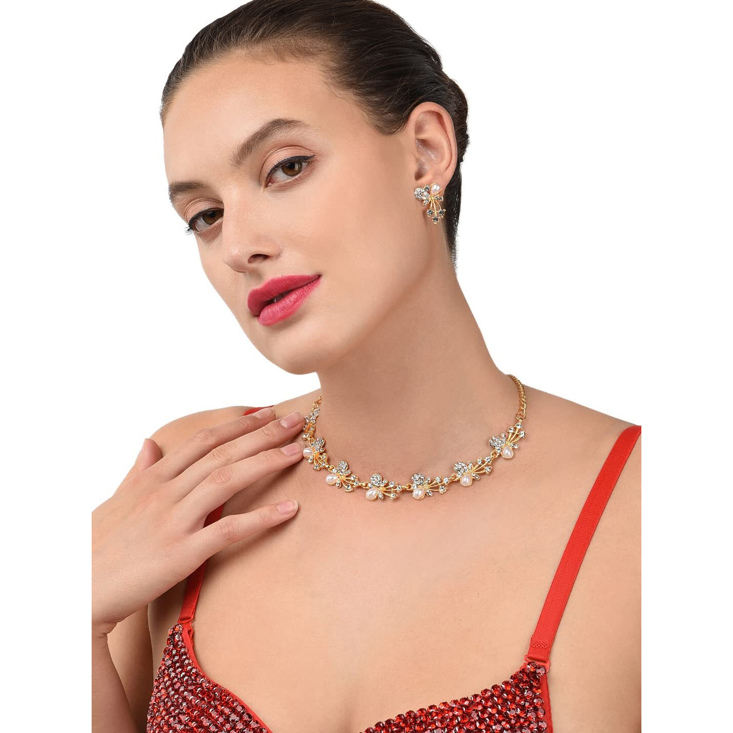 ZAVERI PEARLS Fascinating Gold Tone Necklace Set adorned with Austrian Diamond & Pearls For Women - ZPFK5216