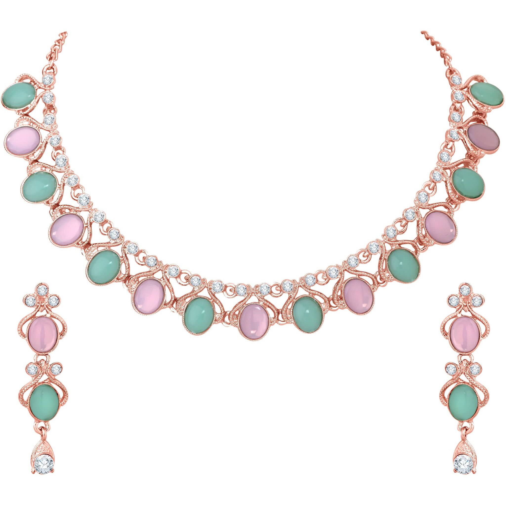 Atasi International Rose Gold Plated Pastel Pink and Green Monlisa Stone Necklace with Earrings for Women - Jewellery Set for Party, Wedding, Engagement (RGMM5706)