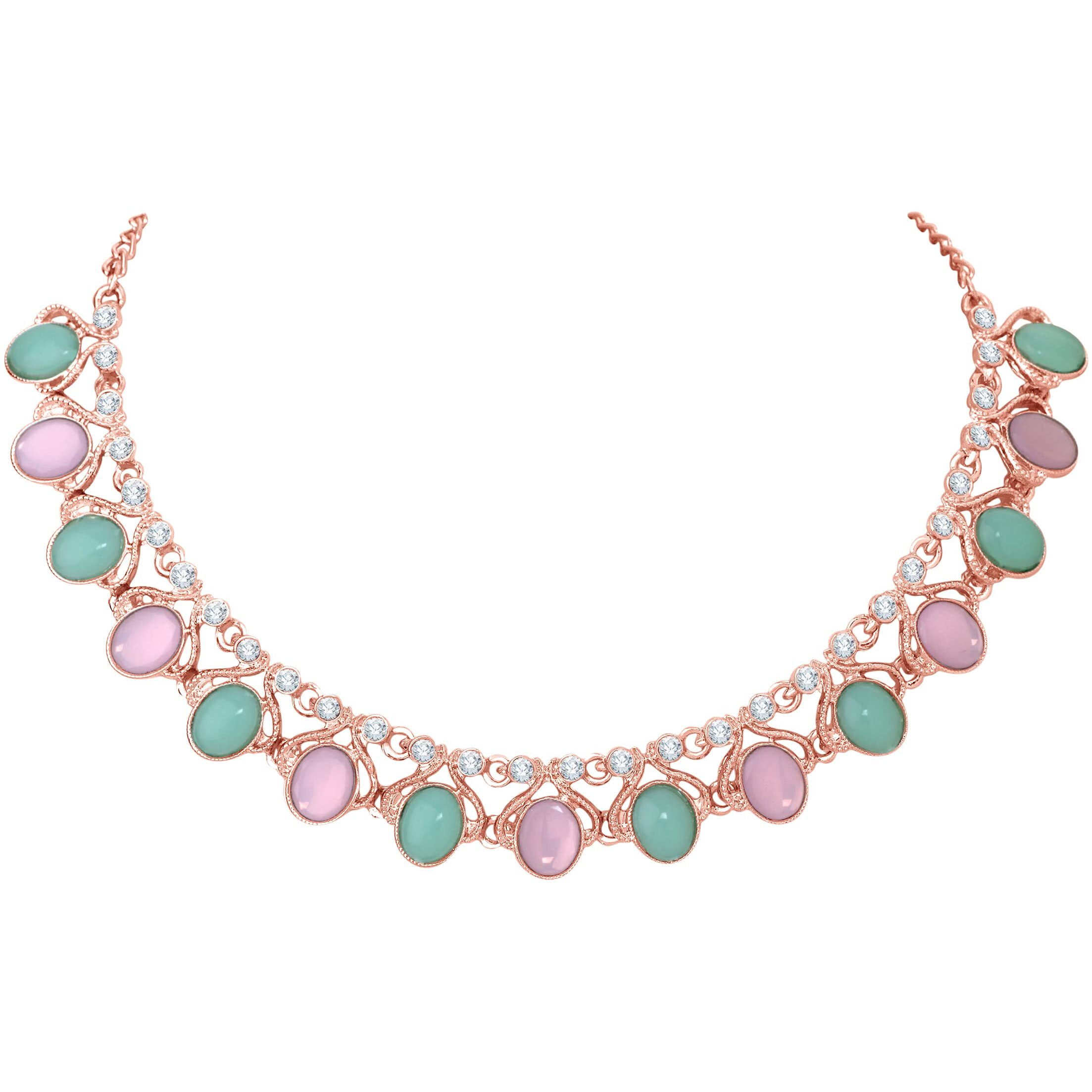 Atasi International Rose Gold Plated Pastel Pink and Green Monlisa Stone Necklace with Earrings for Women - Jewellery Set for Party, Wedding, Engagement (RGMM5706)