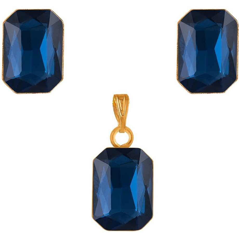 JFL - Jewellery for Less One Gram Gold Plated Octagon Shape Crystal Pendant Combo with Fancy Earring for Women & Girls. (Monteno Blue),Valentine