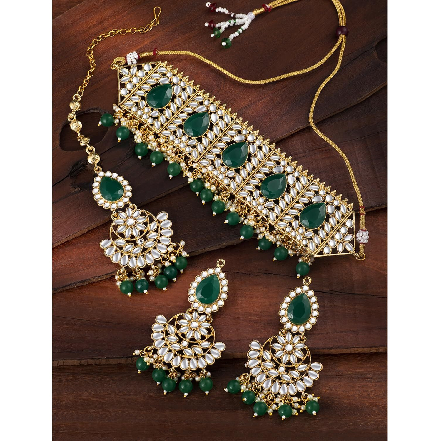 Peora Rani Padmavati Dulhan Bridal Kundan Green Faux Pearl Choker Necklace with Earrings Maang Tikka for Women Girls Indian Traditional Jewellery set