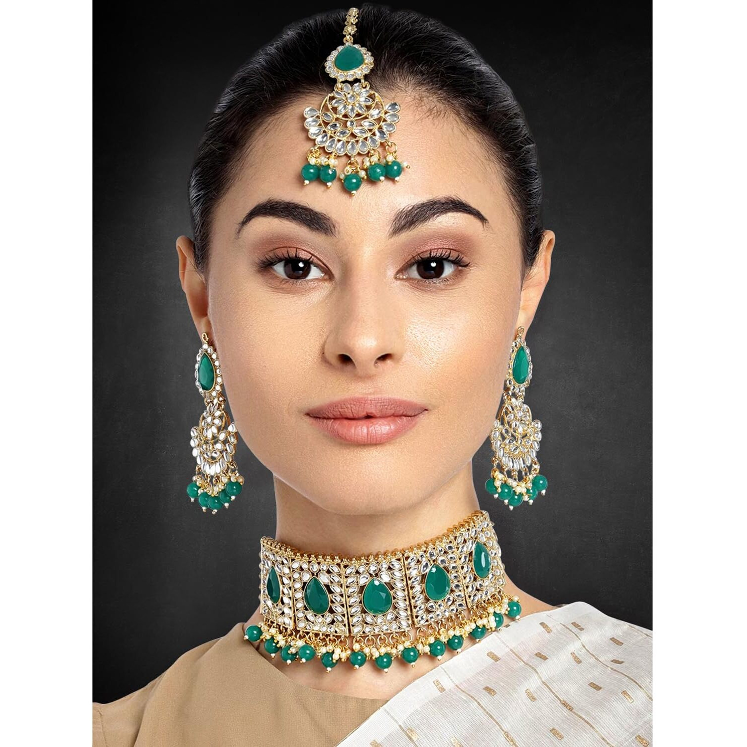 Peora Rani Padmavati Dulhan Bridal Kundan Green Faux Pearl Choker Necklace with Earrings Maang Tikka for Women Girls Indian Traditional Jewellery set