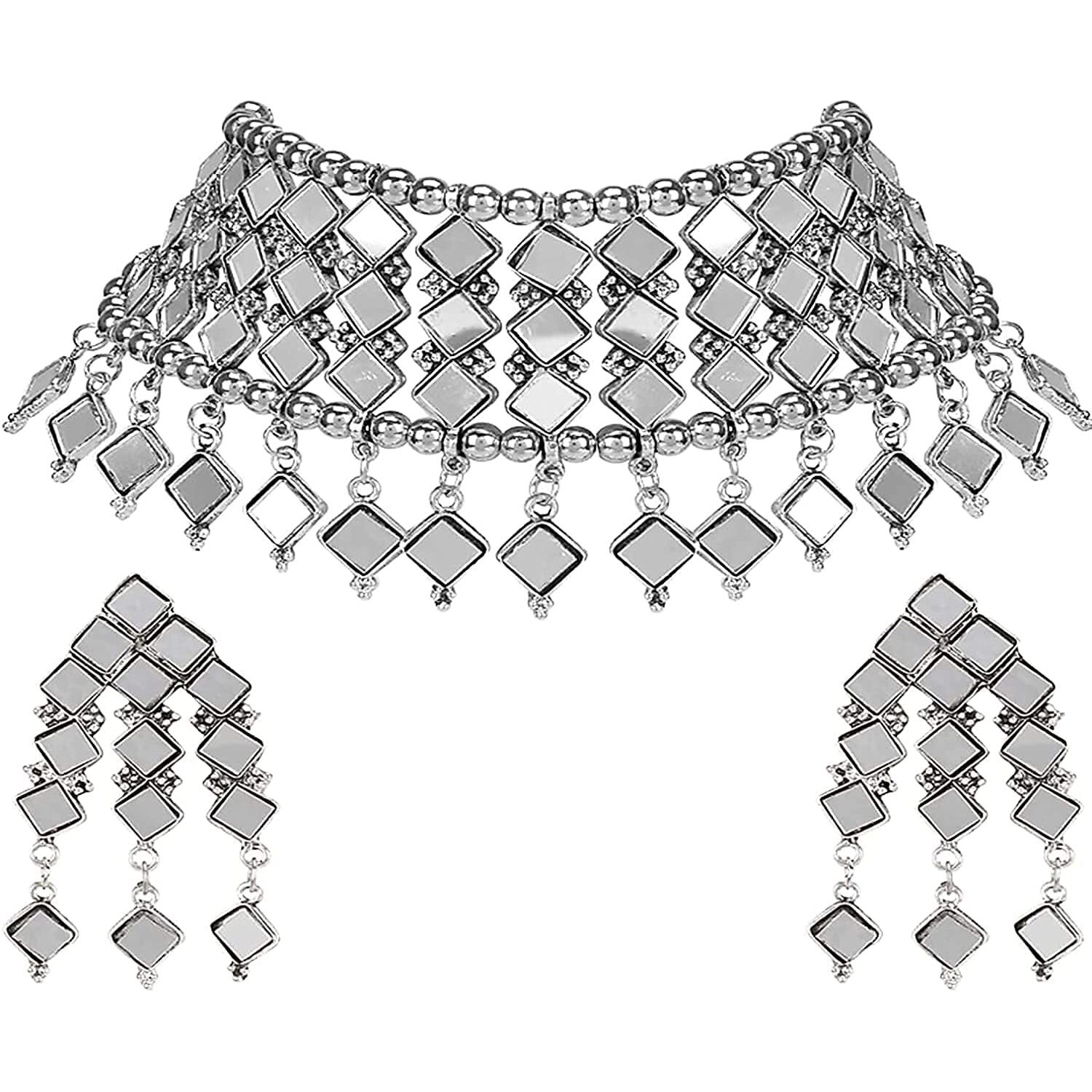 Shining Diva Fashion Latest Stylish Traditional Oxidised Silver Necklace Jewellery Set for Women (12168s)