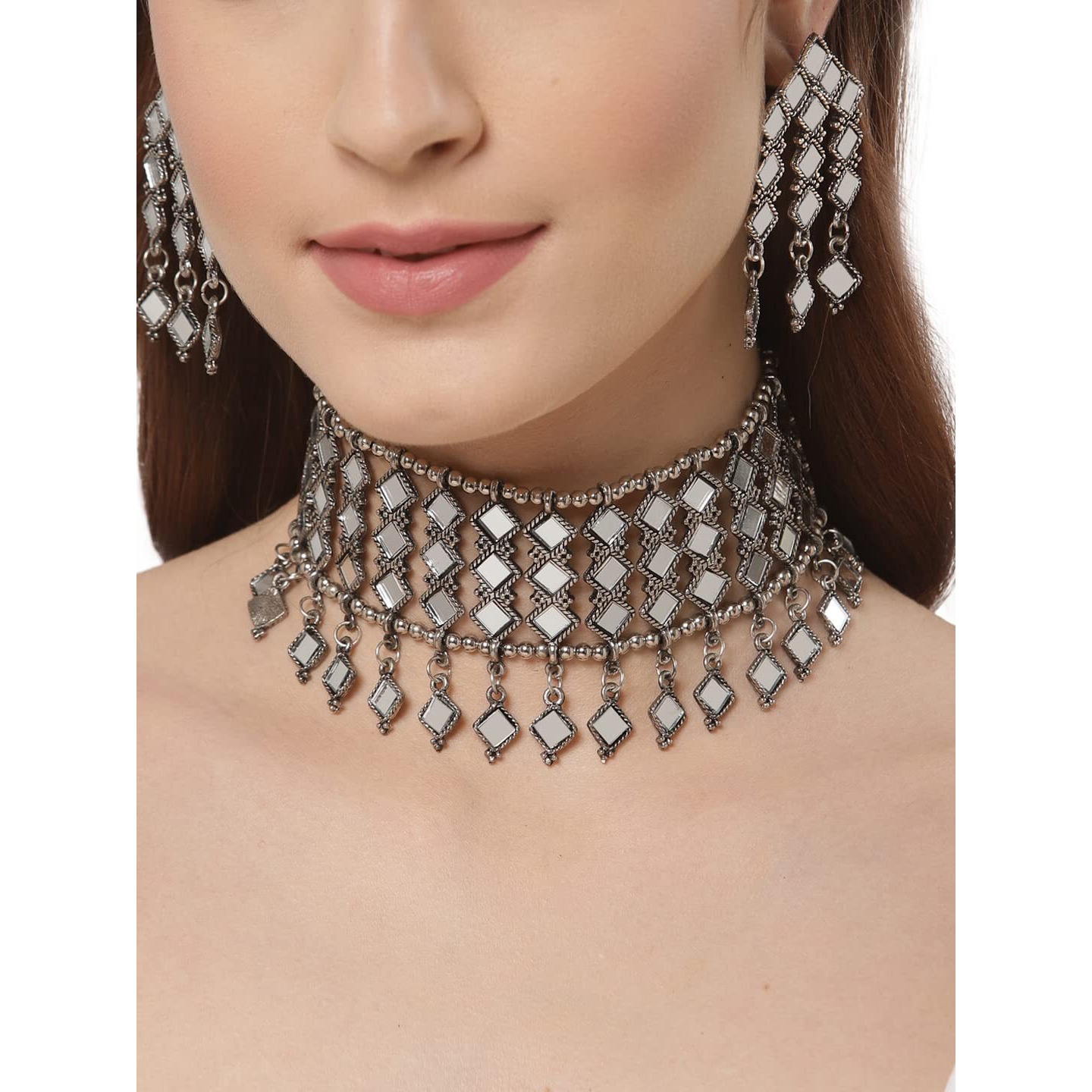 Shining Diva Fashion Latest Stylish Traditional Oxidised Silver Necklace Jewellery Set for Women (12168s)