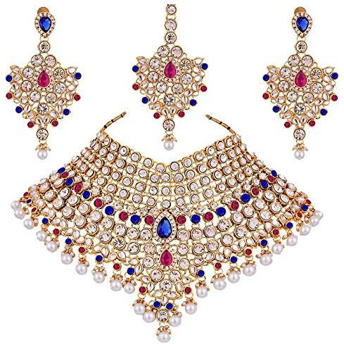 I Jewels Traditional Gold Plated Kundan Bridal Dulhan Jewellery Set for Women (IJ021) (Pink Blue)