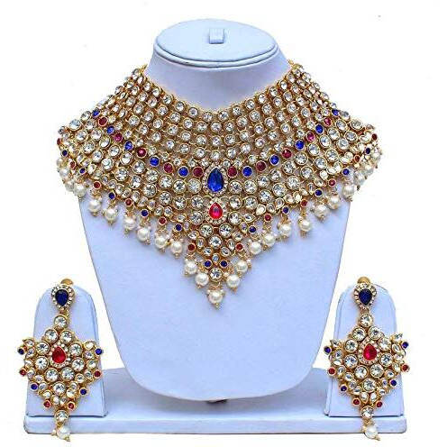 I Jewels Traditional Gold Plated Kundan Bridal Dulhan Jewellery Set for Women (IJ021) (Pink Blue)