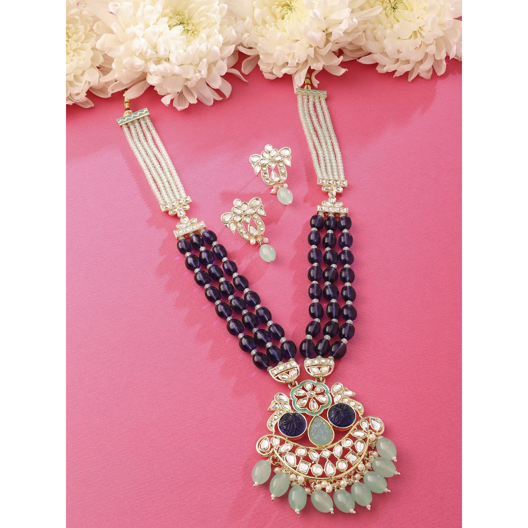 ZAVERI PEARLS Green Blue Stones & Multistrand Beaded Long Kundan Necklace & Earring Set For Women-ZPFK15643