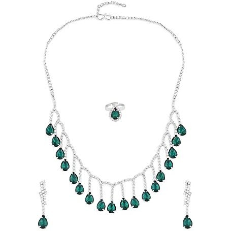 ZAVERI PEARLS Green Dazzling Diamonds Contemporary Necklace Earring & Ring Set For Women-ZPFK15830