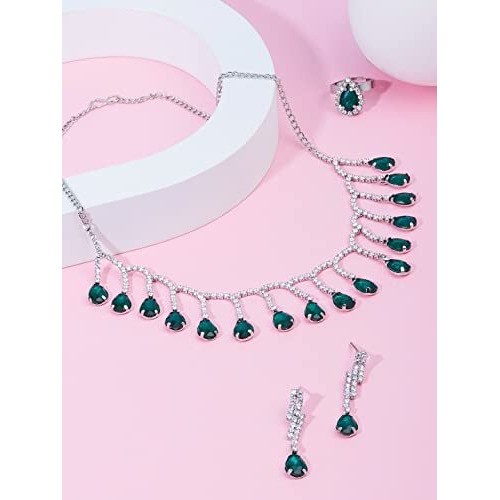 ZAVERI PEARLS Green Dazzling Diamonds Contemporary Necklace Earring & Ring Set For Women-ZPFK15830