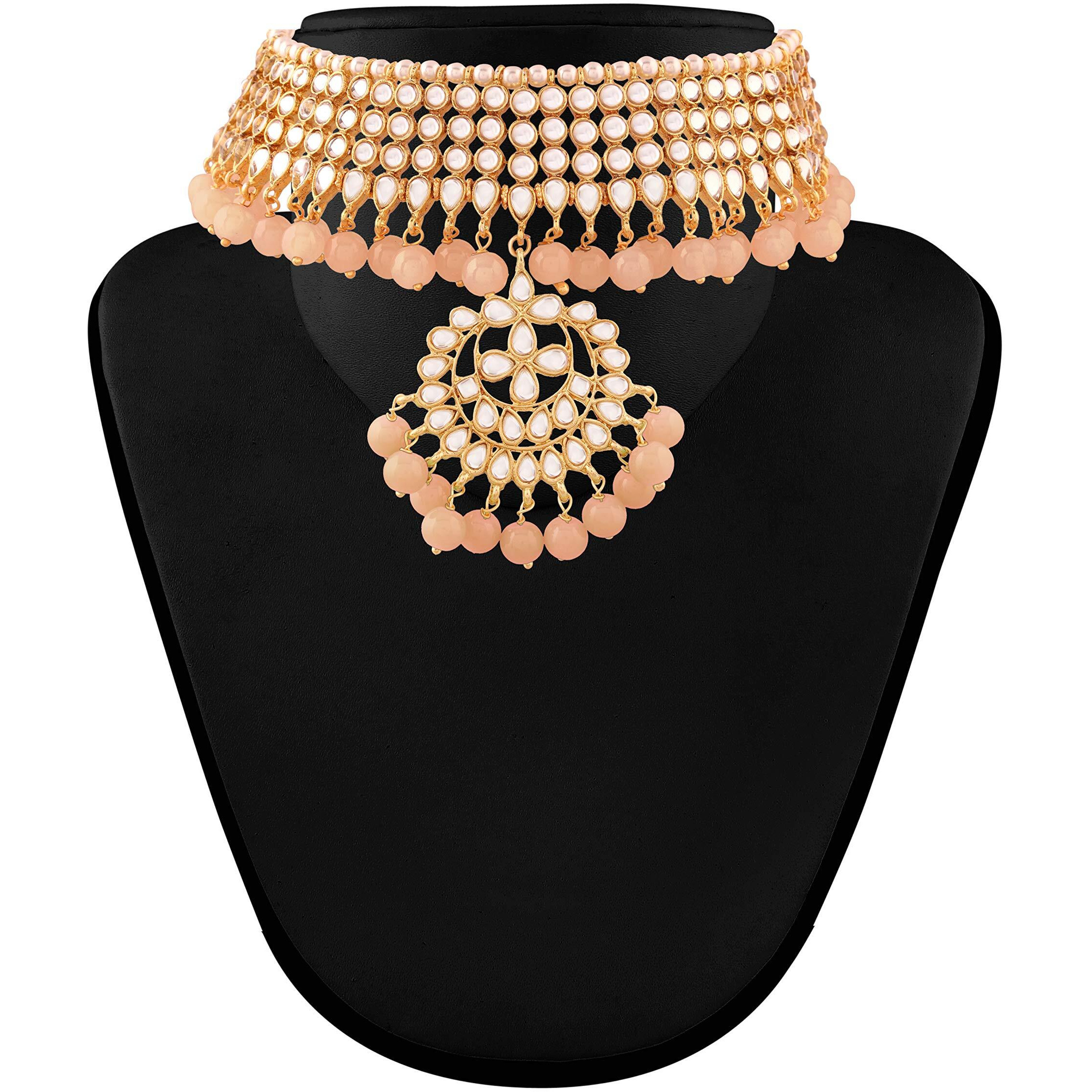 I Jewels 18K Gold Plated Traditional Handcrafted Faux Kundan & Pearl Studded Choker Necklace Jewellery Set with Earrings & Maang Tikka (K7058Pe) For Womens