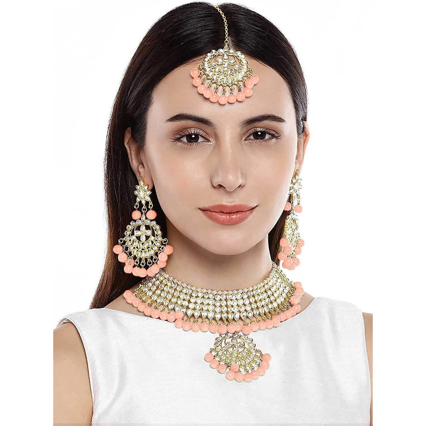 I Jewels 18K Gold Plated Traditional Handcrafted Faux Kundan & Pearl Studded Choker Necklace Jewellery Set with Earrings & Maang Tikka (K7058Pe) For Womens