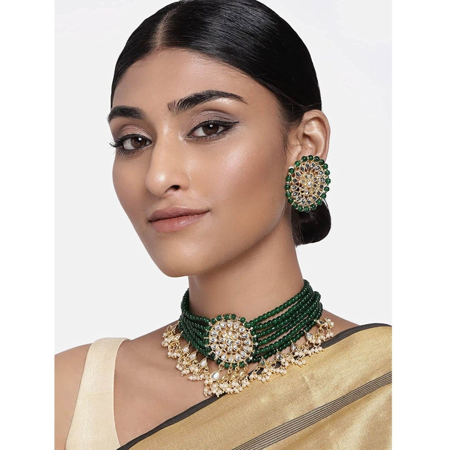 I Jewels 18k Gold Plated Traditional Choker Set Glided With Kundan & Pearls For Women/Girls (K7097G)
