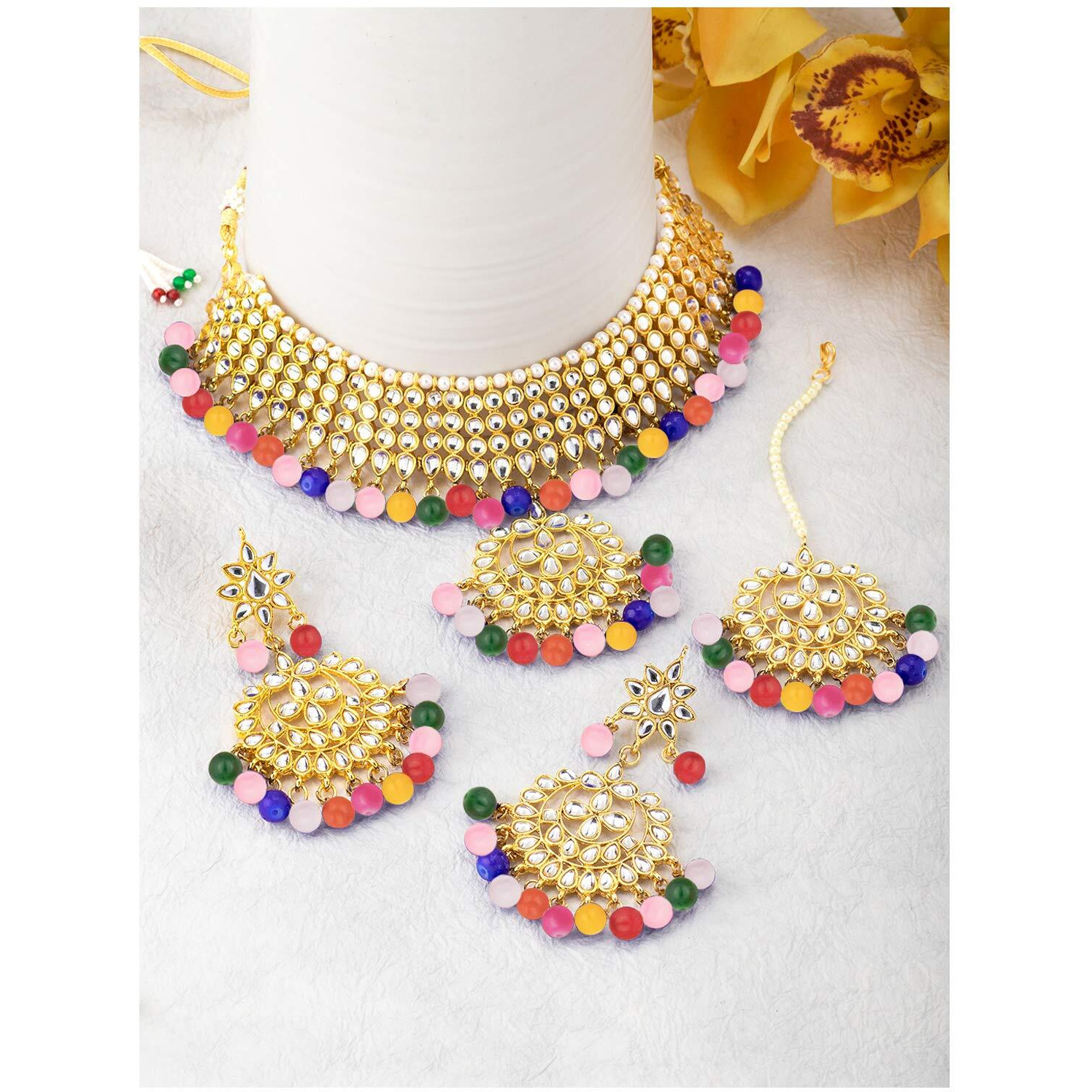 Peora Gold Plated Pearl Kundan Stone Studded Necklace Earring Mang Tika Set Jewellery for Women (Multicolor)