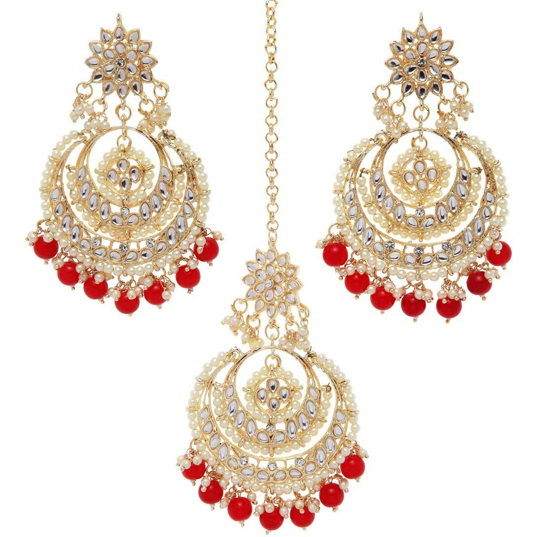 Shining Diva Fashion Latest Stylish Traditional Kundan Maang Tikka Earrings Jewellery Set for Women (Red)(12411mter), one