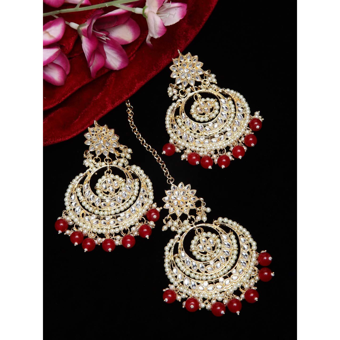 Shining Diva Fashion Latest Stylish Traditional Kundan Maang Tikka Earrings Jewellery Set for Women (Red)(12411mter), one
