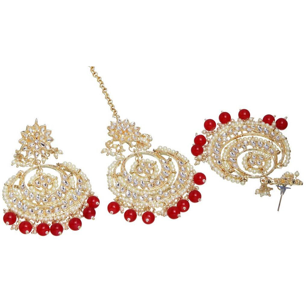 Shining Diva Fashion Latest Stylish Traditional Kundan Maang Tikka Earrings Jewellery Set for Women (Red)(12411mter), one