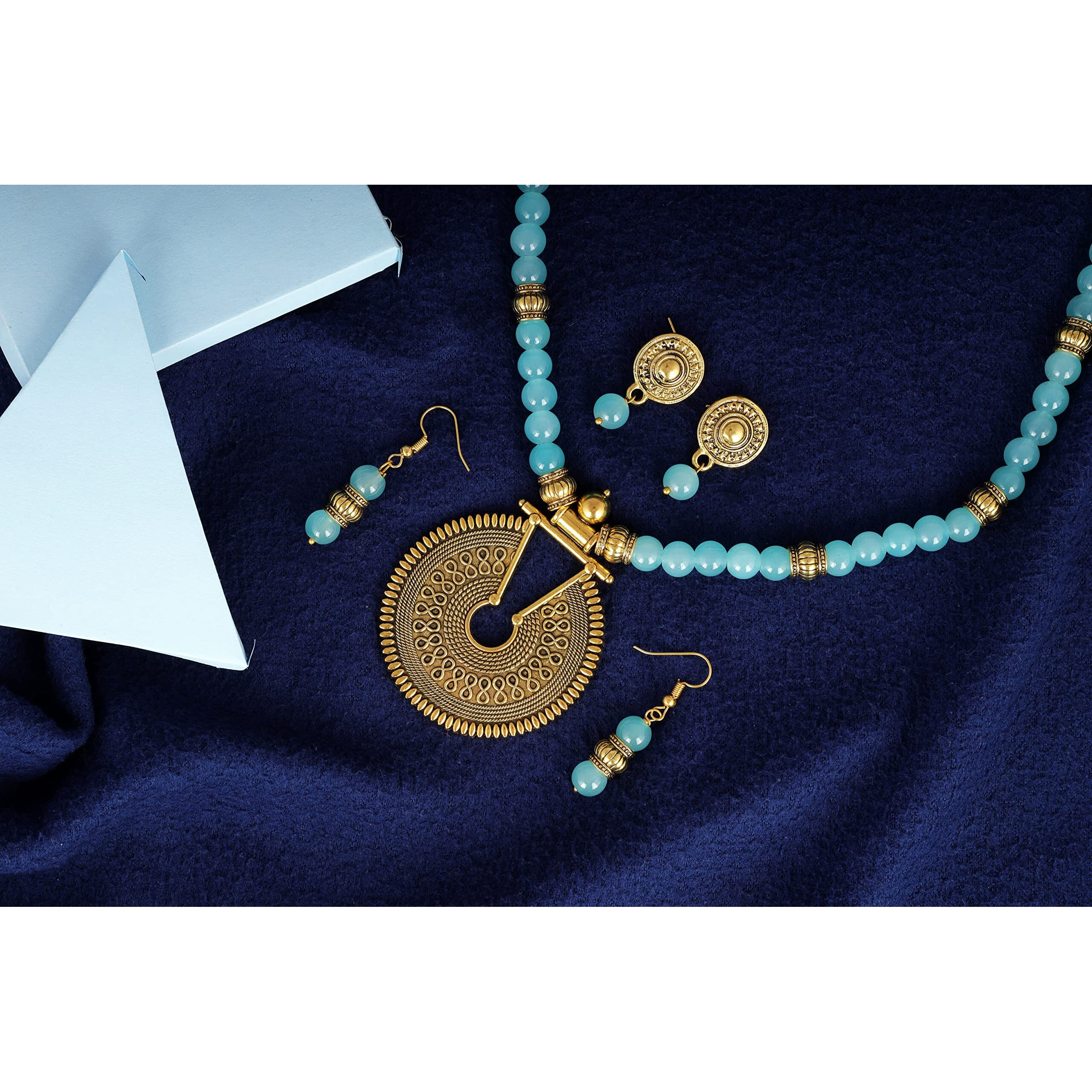 JFL - Jewellery for Less Fashionable Gold Plated Oxidized German Key Hole Beaded Necklace with 2 pair of Earrings Set for Women and Girls(Turquoise Blue),Valentine