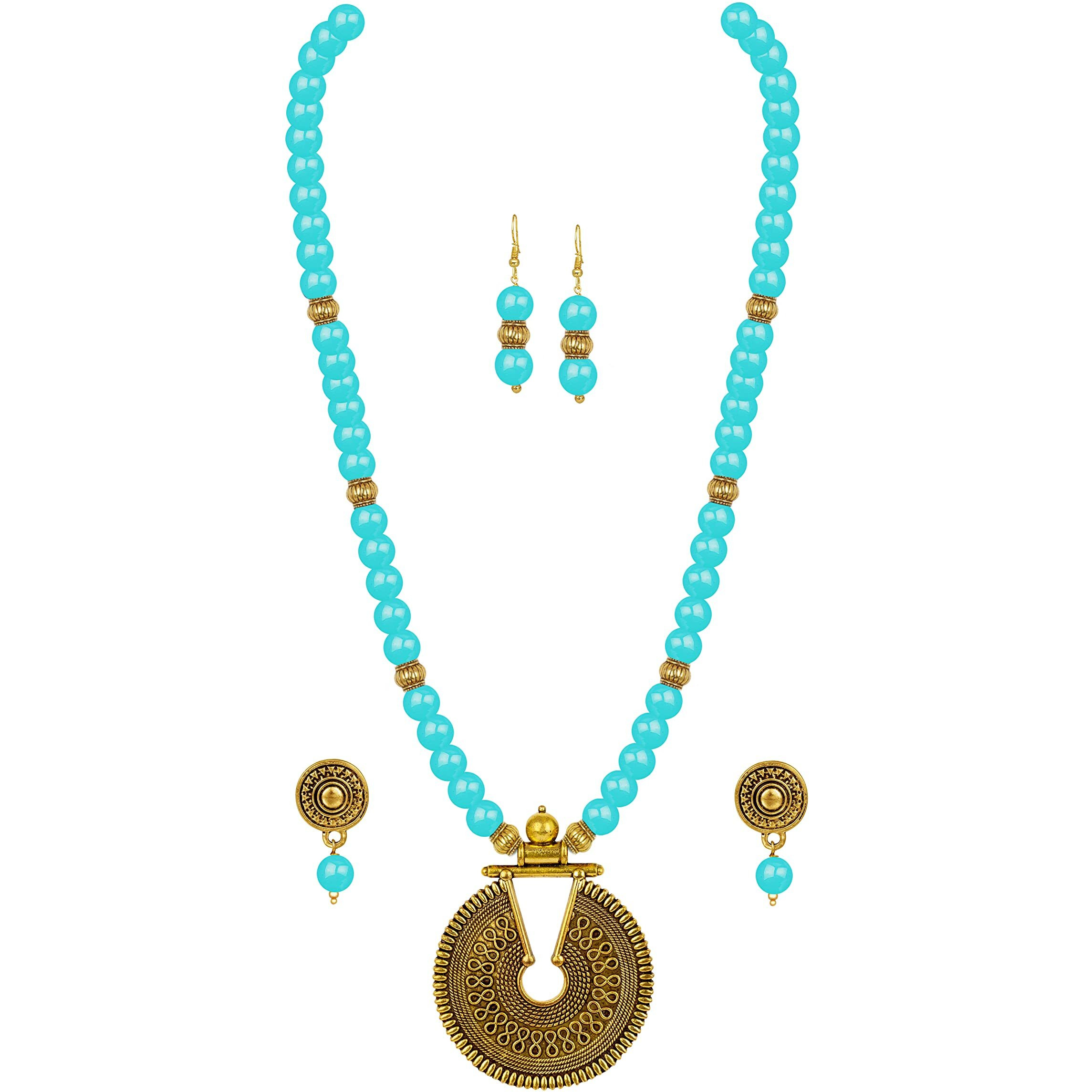 JFL - Jewellery for Less Fashionable Gold Plated Oxidized German Key Hole Beaded Necklace with 2 pair of Earrings Set for Women and Girls(Turquoise Blue),Valentine