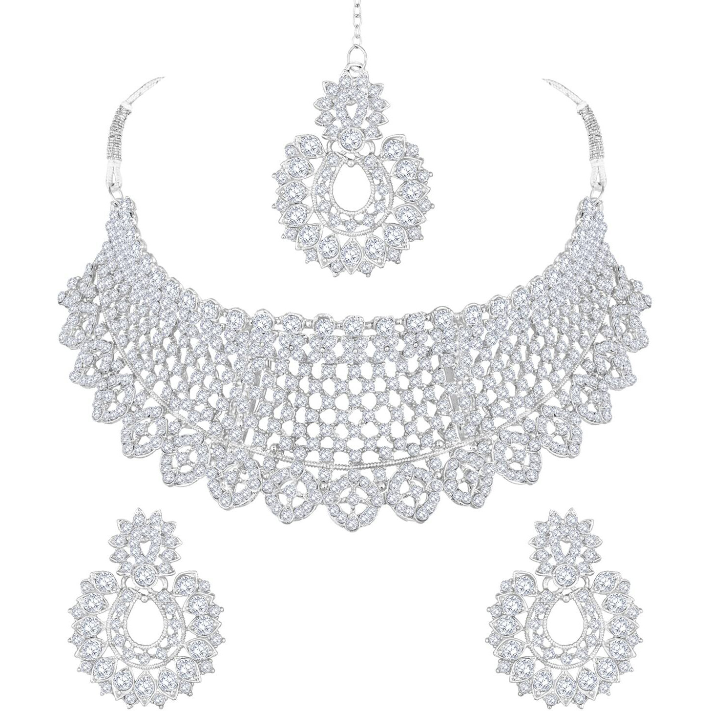 Shining Diva Fashion Diamonds Studded Silver Plated Latest Stylish Traditional Choker Necklace Jewellery Set for Women (rrsd13665s)
