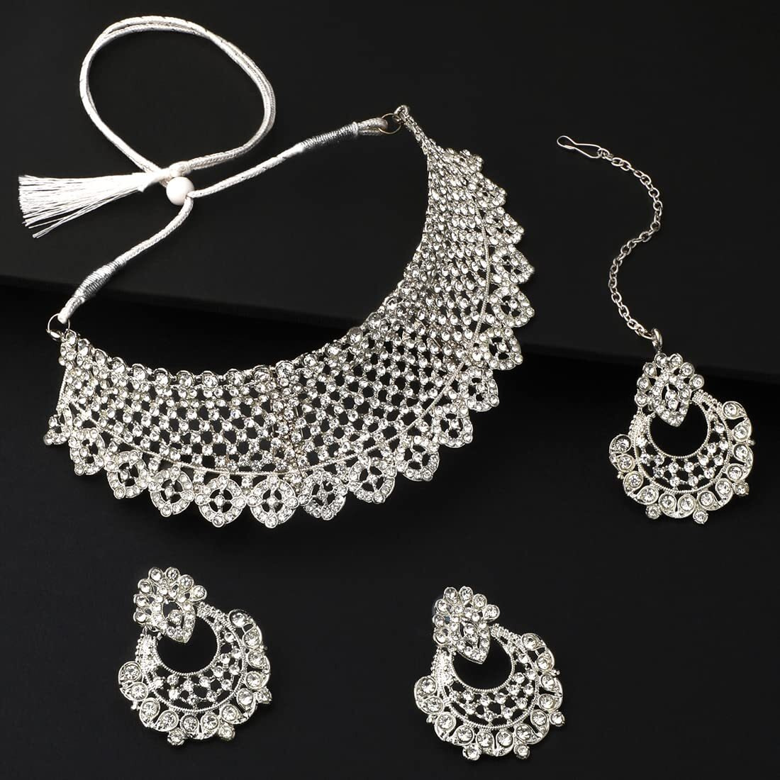 Shining Diva Fashion Diamonds Studded Silver Plated Latest Stylish Traditional Choker Necklace Jewellery Set for Women (rrsd13665s)