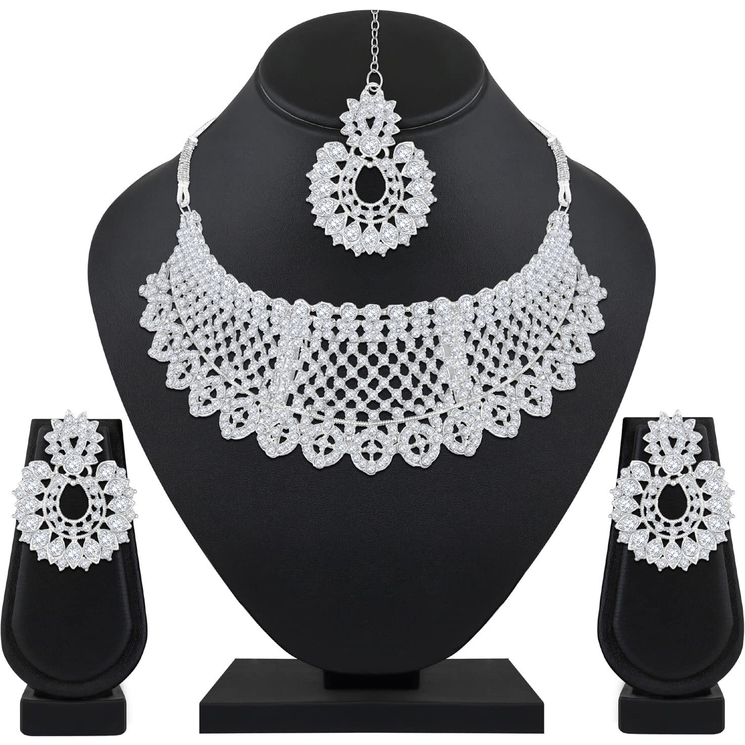 Shining Diva Fashion Diamonds Studded Silver Plated Latest Stylish Traditional Choker Necklace Jewellery Set for Women (rrsd13665s)