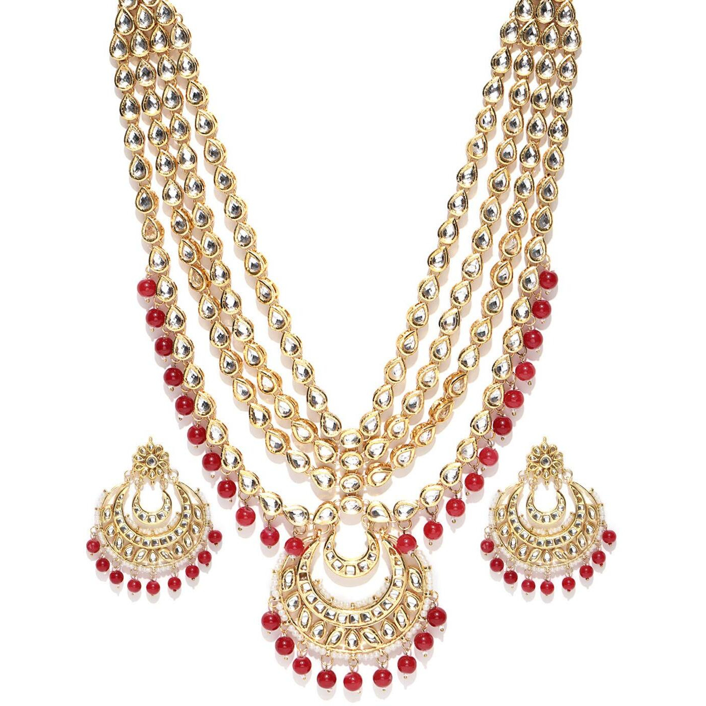 Shining Diva Fashion Latest Kundan Design Long Necklace Set for Women Traditional Wedding Gold Plated Jewellery Set for Women (Red) (10414s)