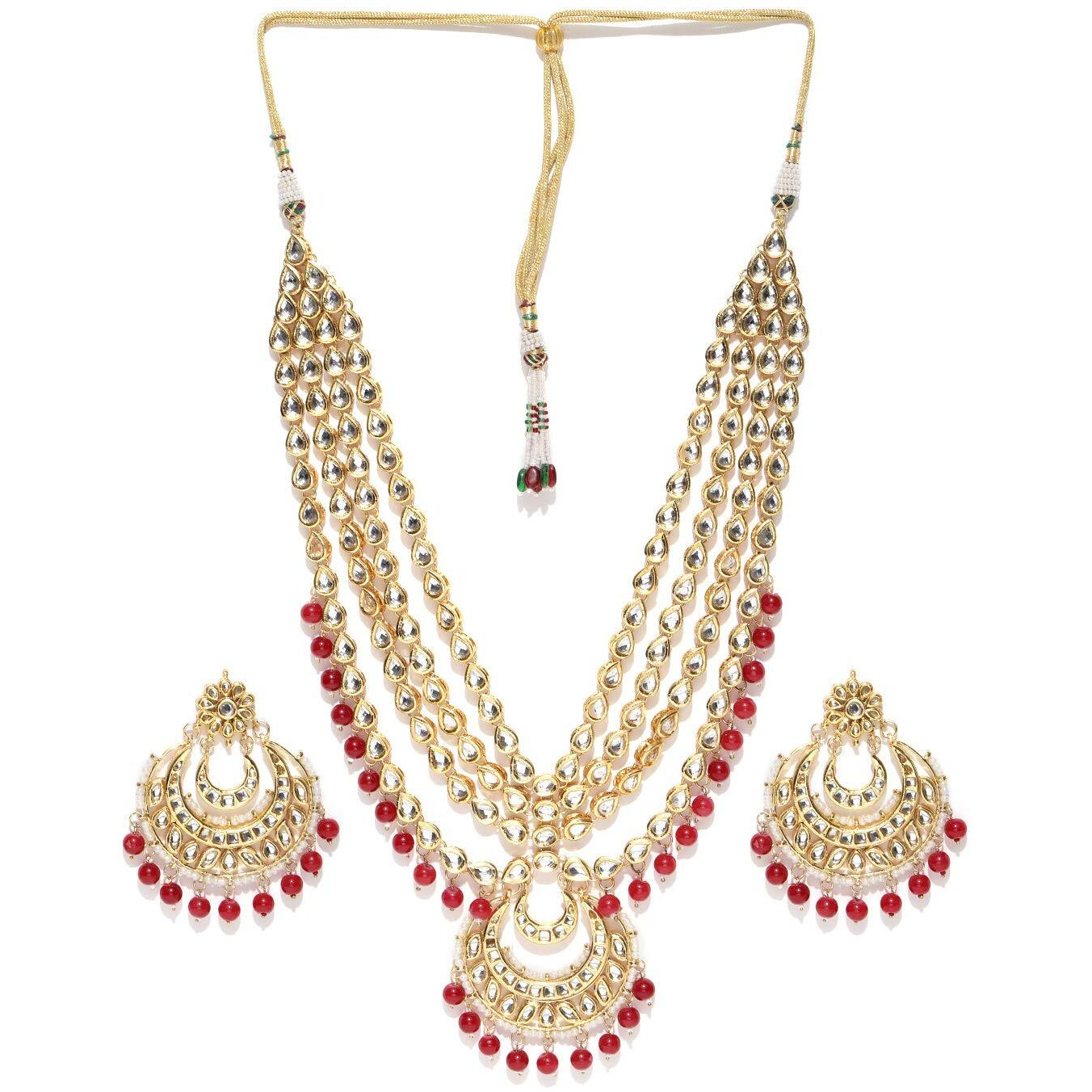 Shining Diva Fashion Latest Kundan Design Long Necklace Set for Women Traditional Wedding Gold Plated Jewellery Set for Women (Red) (10414s)