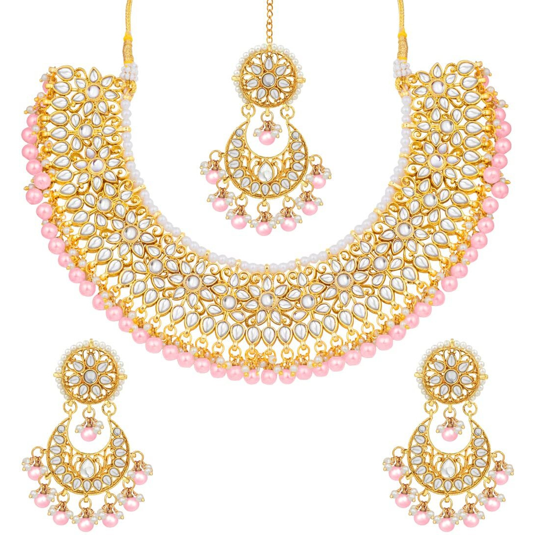 Peora Gold Plated Kundan Choker Necklace Earrings with Maang Tikka Jewellery Set for Women