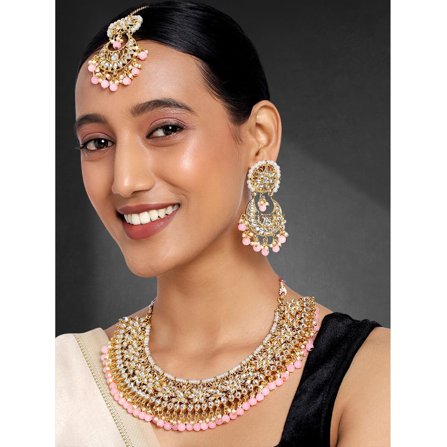 Peora Gold Plated Kundan Choker Necklace Earrings with Maang Tikka Jewellery Set for Women