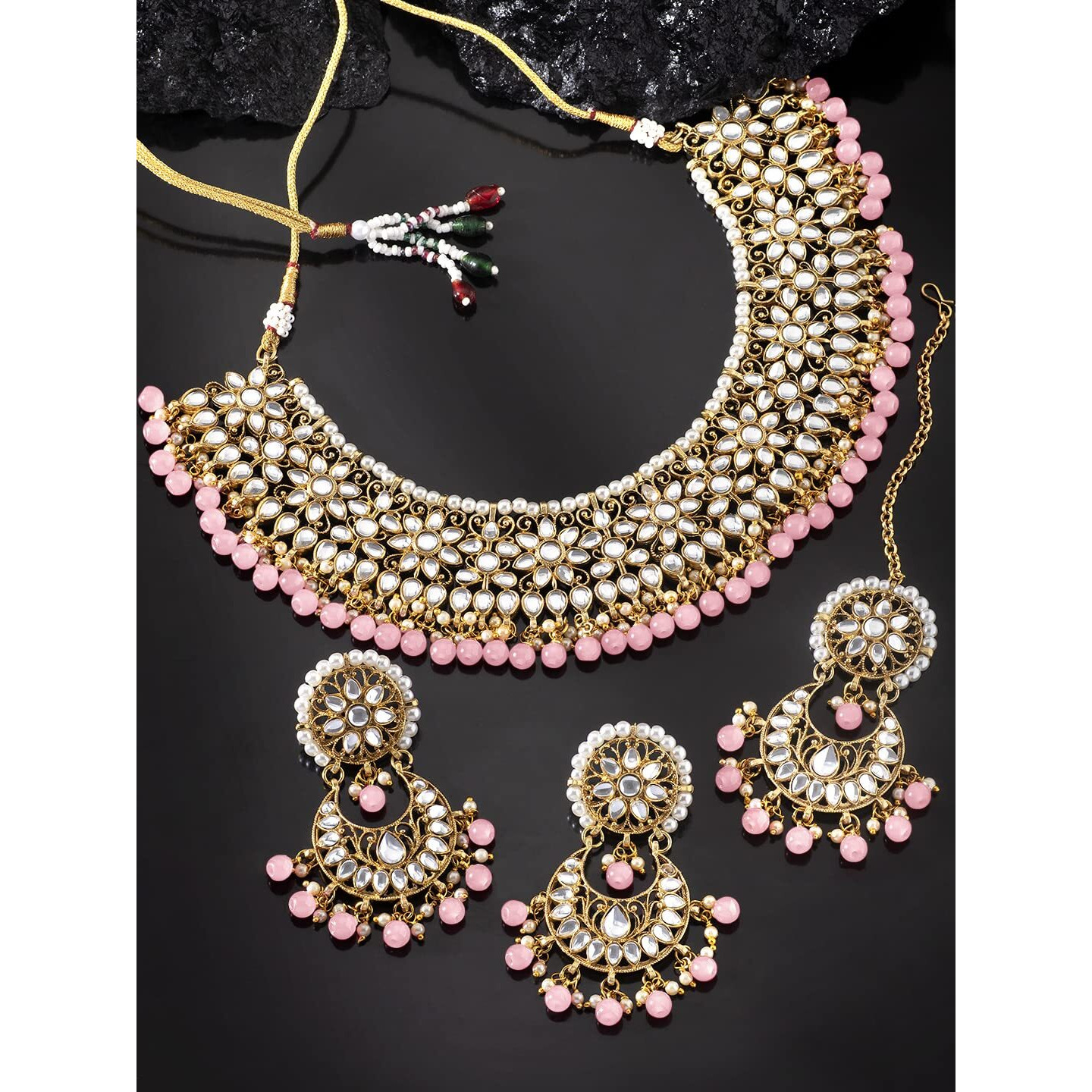 Peora Gold Plated Kundan Choker Necklace Earrings with Maang Tikka Jewellery Set for Women