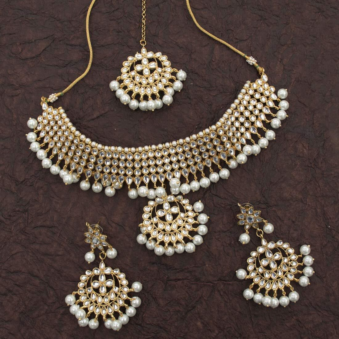 I Jewels 18K Gold Plated Traditional Kundan & Pearl Studded Choker Necklace Jewellery Set with Earrings & Maang Tikka For Women (K7058W)