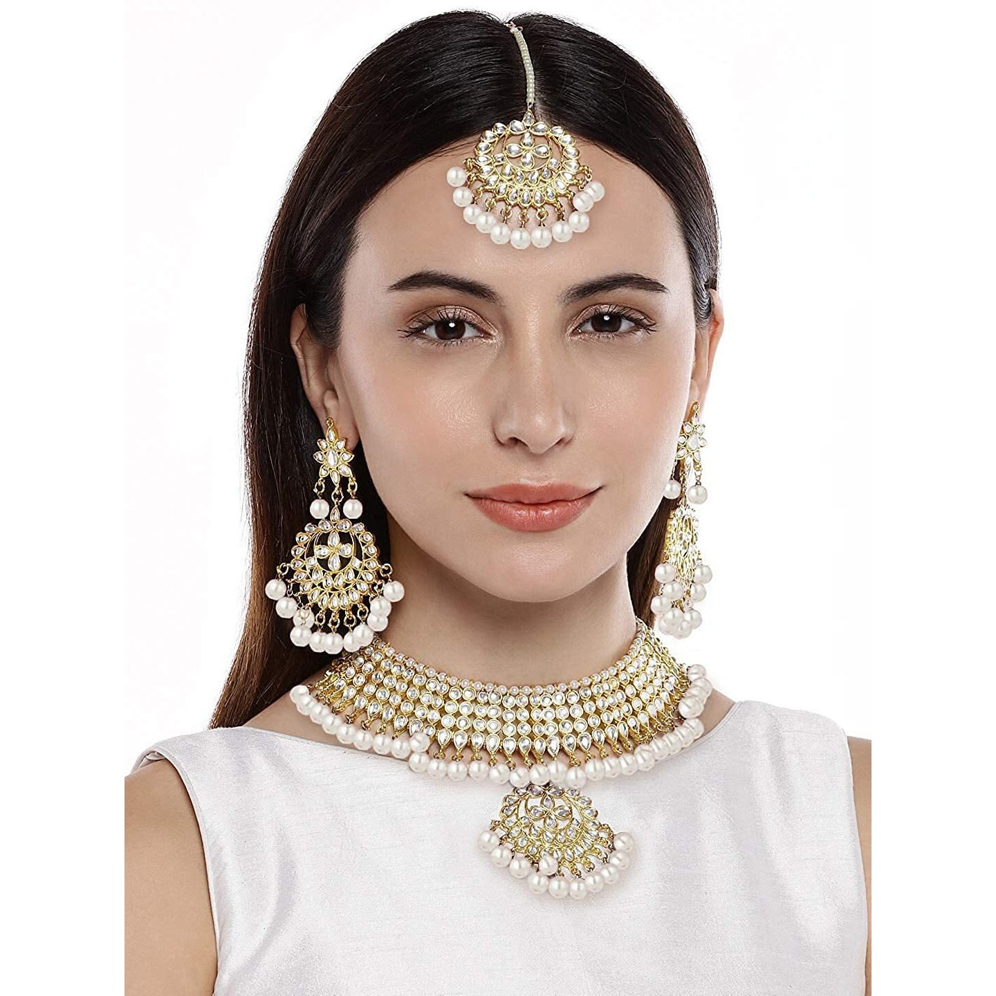 I Jewels 18K Gold Plated Traditional Kundan & Pearl Studded Choker Necklace Jewellery Set with Earrings & Maang Tikka For Women (K7058W)