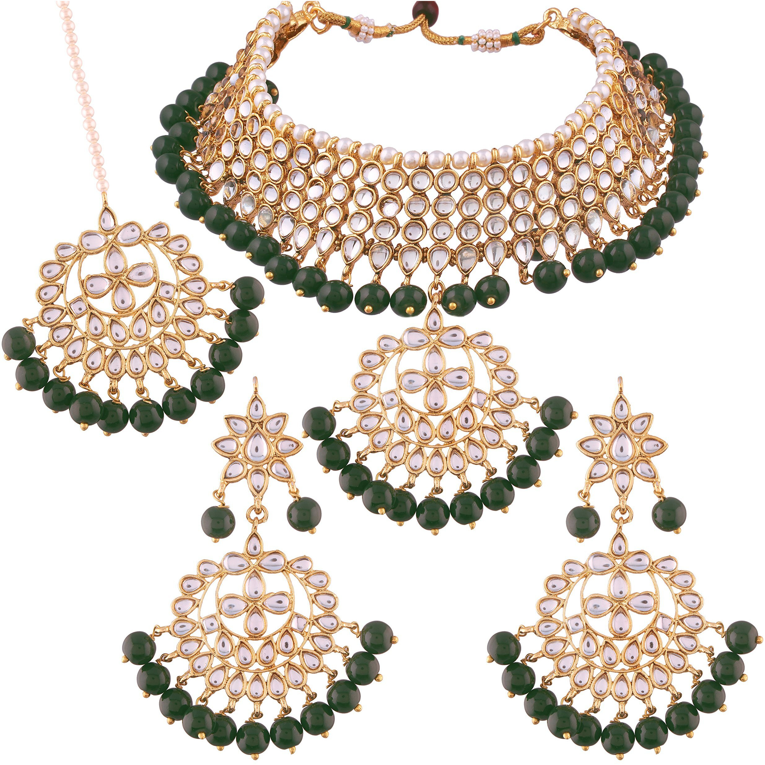 I Jewels 18K Gold Plated Traditional Kundan & Pearl Studded Choker Necklace Jewellery Set with Earrings & Maang Tikka For Women (K7058G)