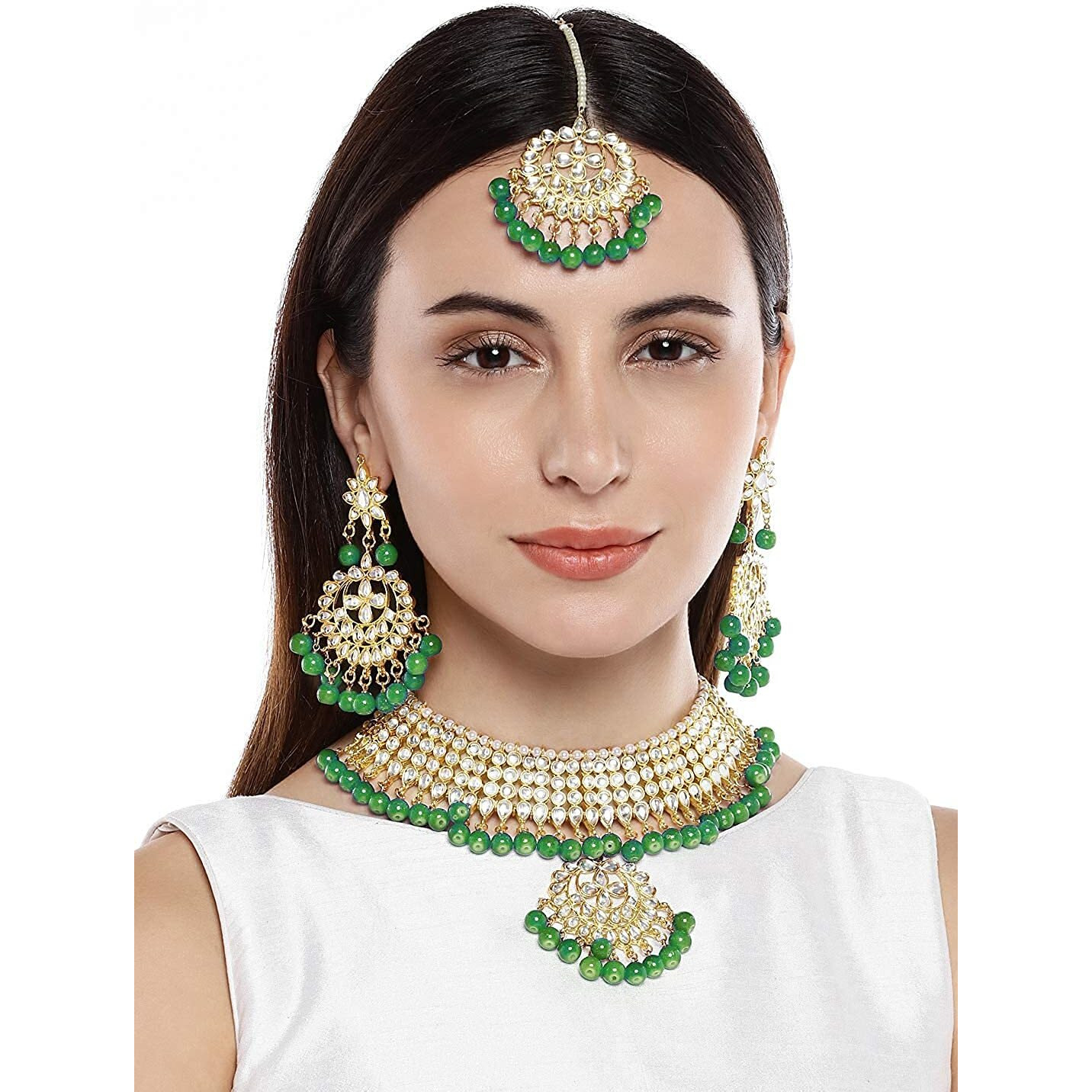 I Jewels 18K Gold Plated Traditional Kundan & Pearl Studded Choker Necklace Jewellery Set with Earrings & Maang Tikka For Women (K7058G)