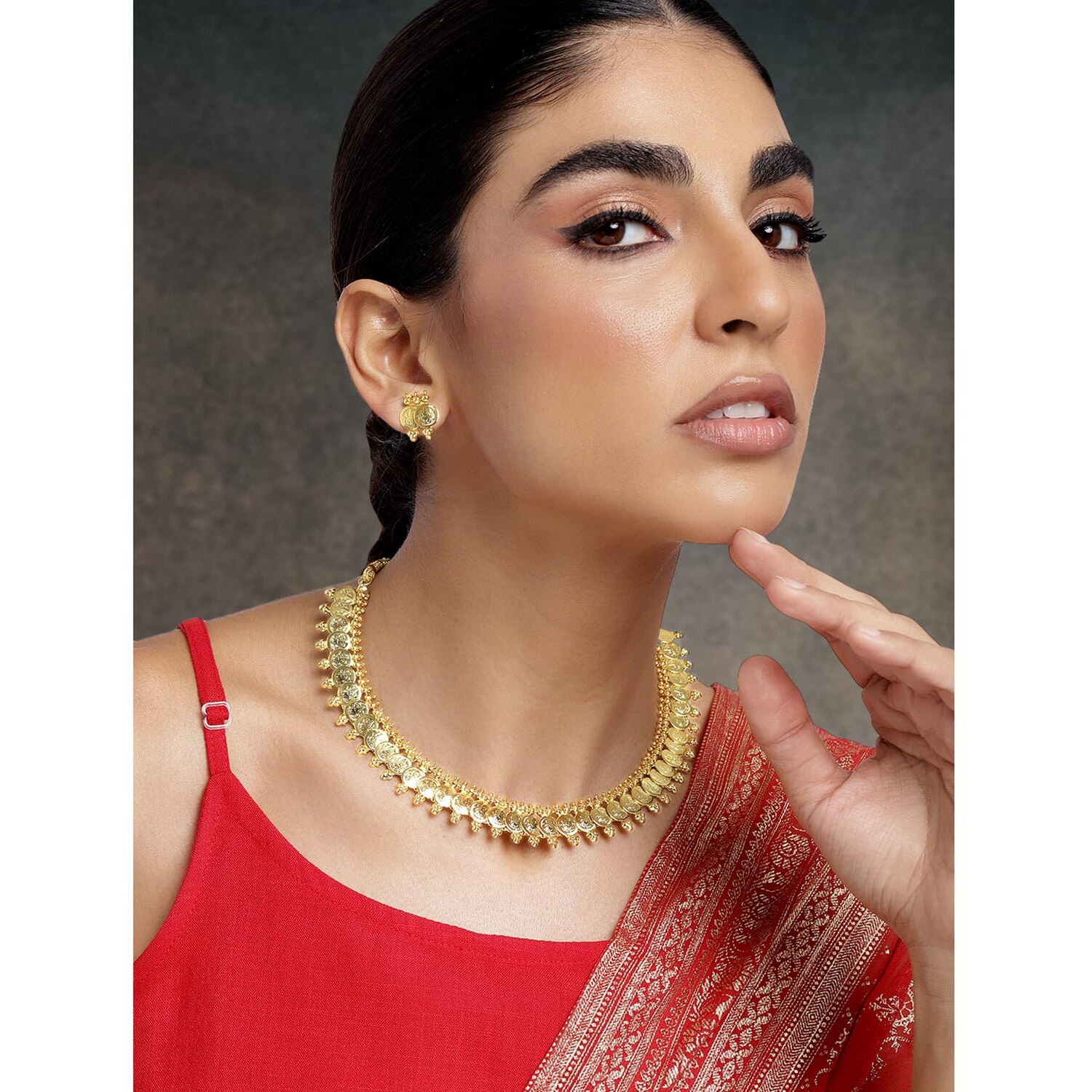 Peora Gold Plated South Indian Traditional Bridal Short Maharani Coin Necklace Earrings Jewellery Sets for Women and Girls