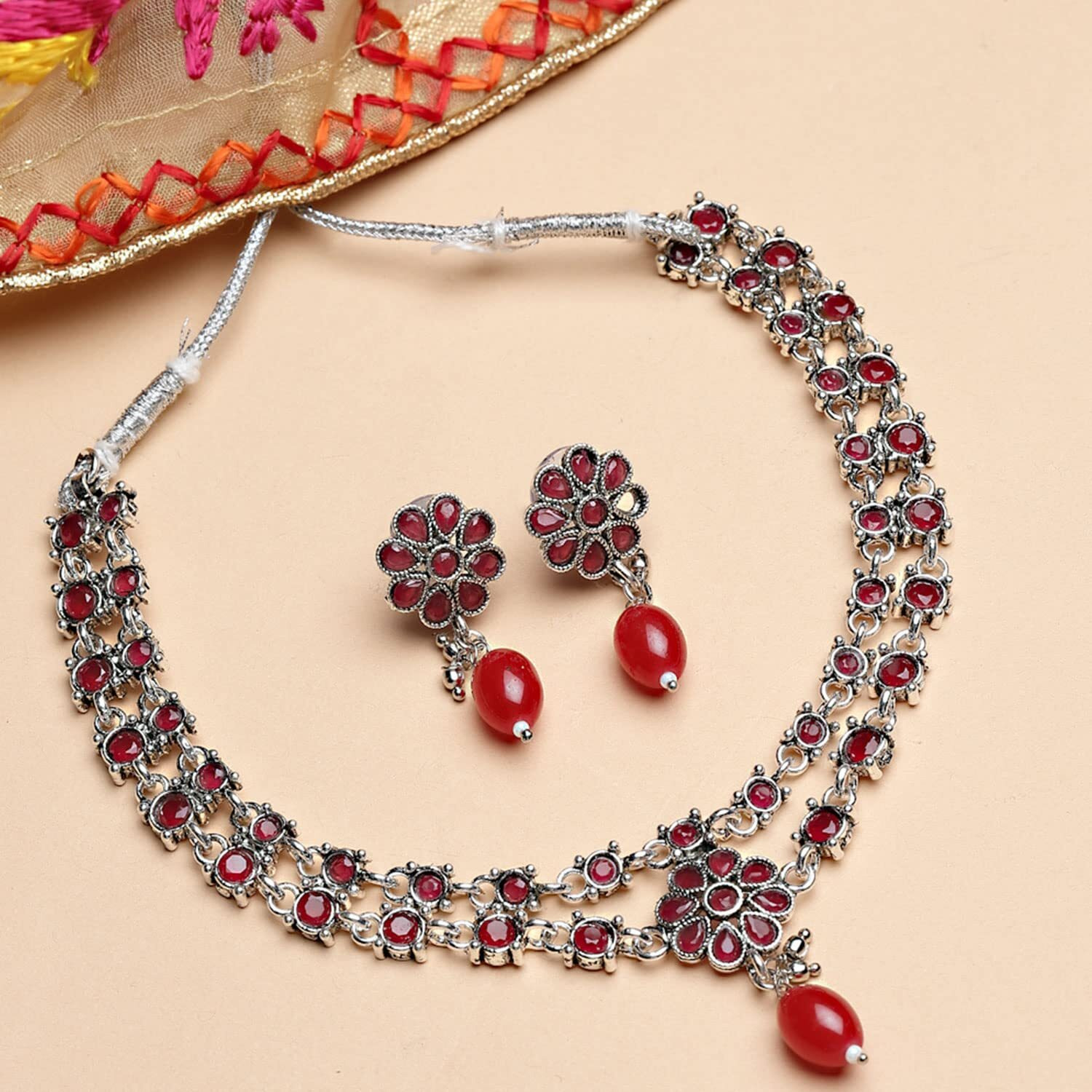 ZENEME Fashion Jewellery Antique Oxidised Silver Plated American Diamond Studded & Pearl Beaded Necklace With Earring Jewellery Set For Women & Girl (Red)