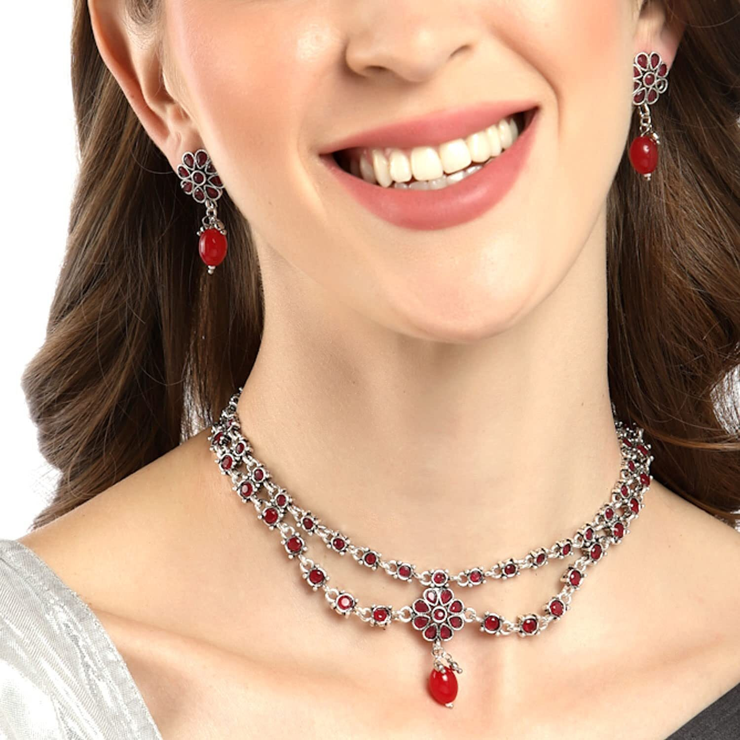 ZENEME Fashion Jewellery Antique Oxidised Silver Plated American Diamond Studded & Pearl Beaded Necklace With Earring Jewellery Set For Women & Girl (Red)