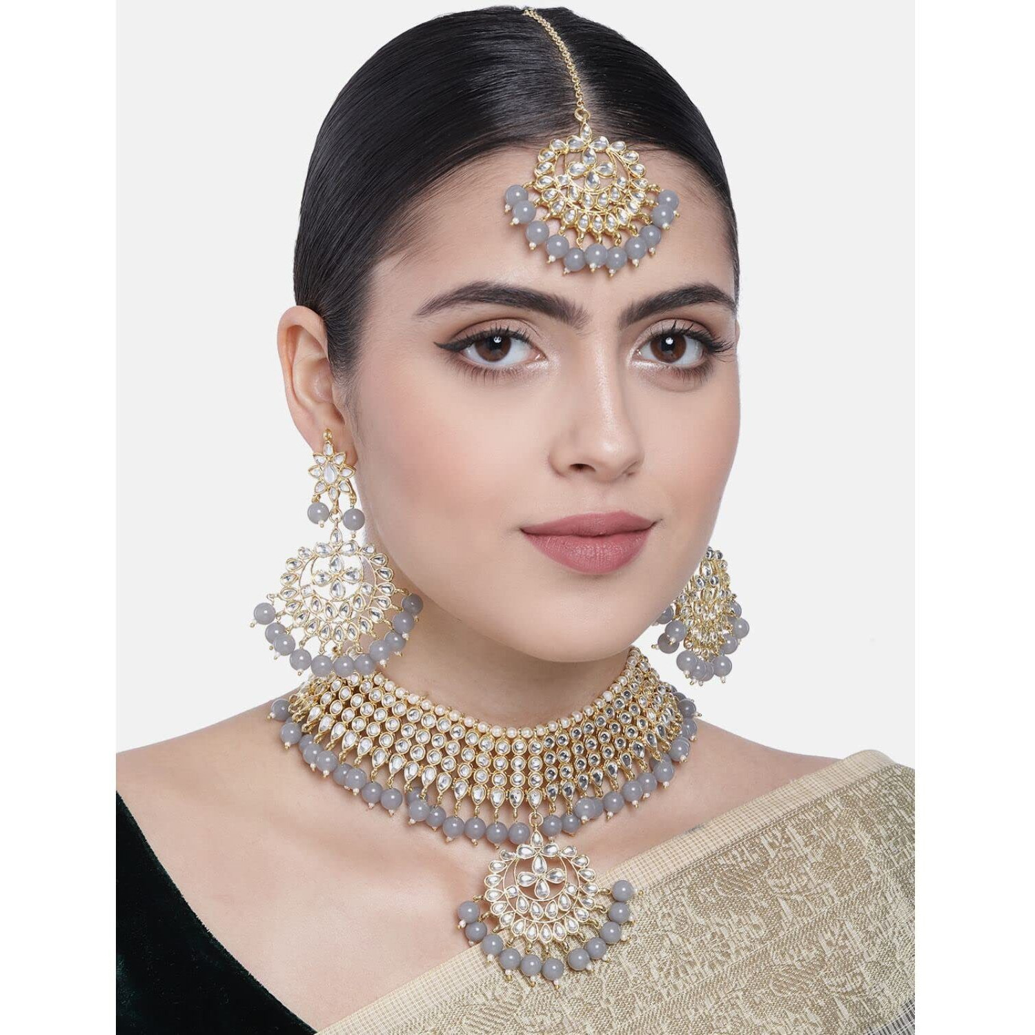 I Jewels 18K Gold Plated Traditional Kundan & Pearl Studded Choker Necklace Jewellery Set with Earrings & Maang Tikka For Women (K7058) (Grey)