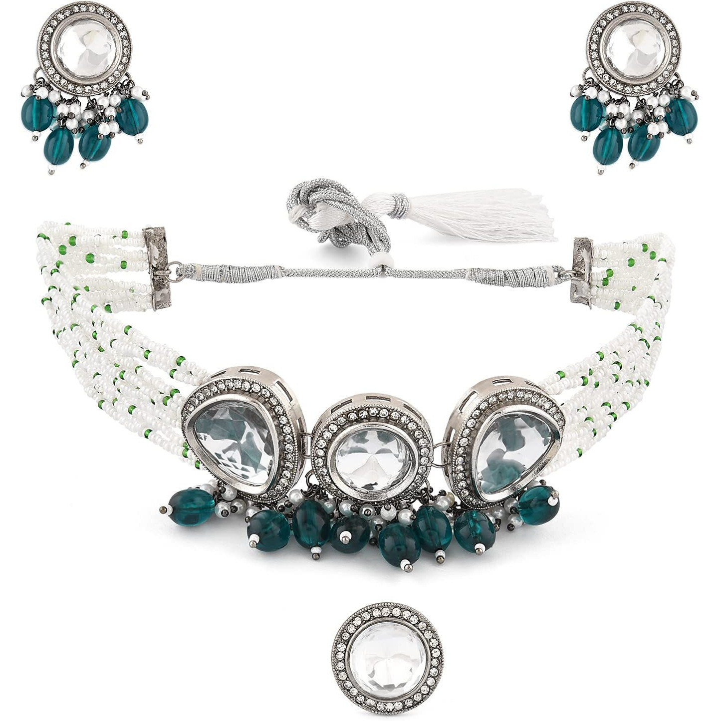 ZAVERI PEARLS Green Multistrand Dazzling Stones Choker Necklace Earring & Ring Set For Women-ZPFK15912