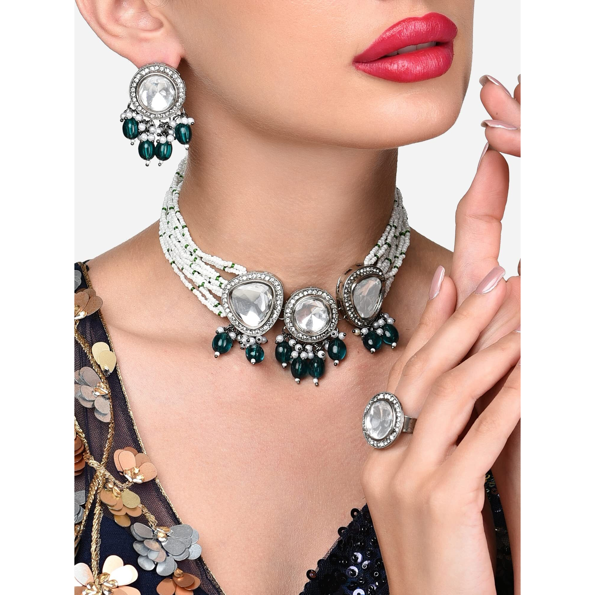 ZAVERI PEARLS Green Multistrand Dazzling Stones Choker Necklace Earring & Ring Set For Women-ZPFK15912