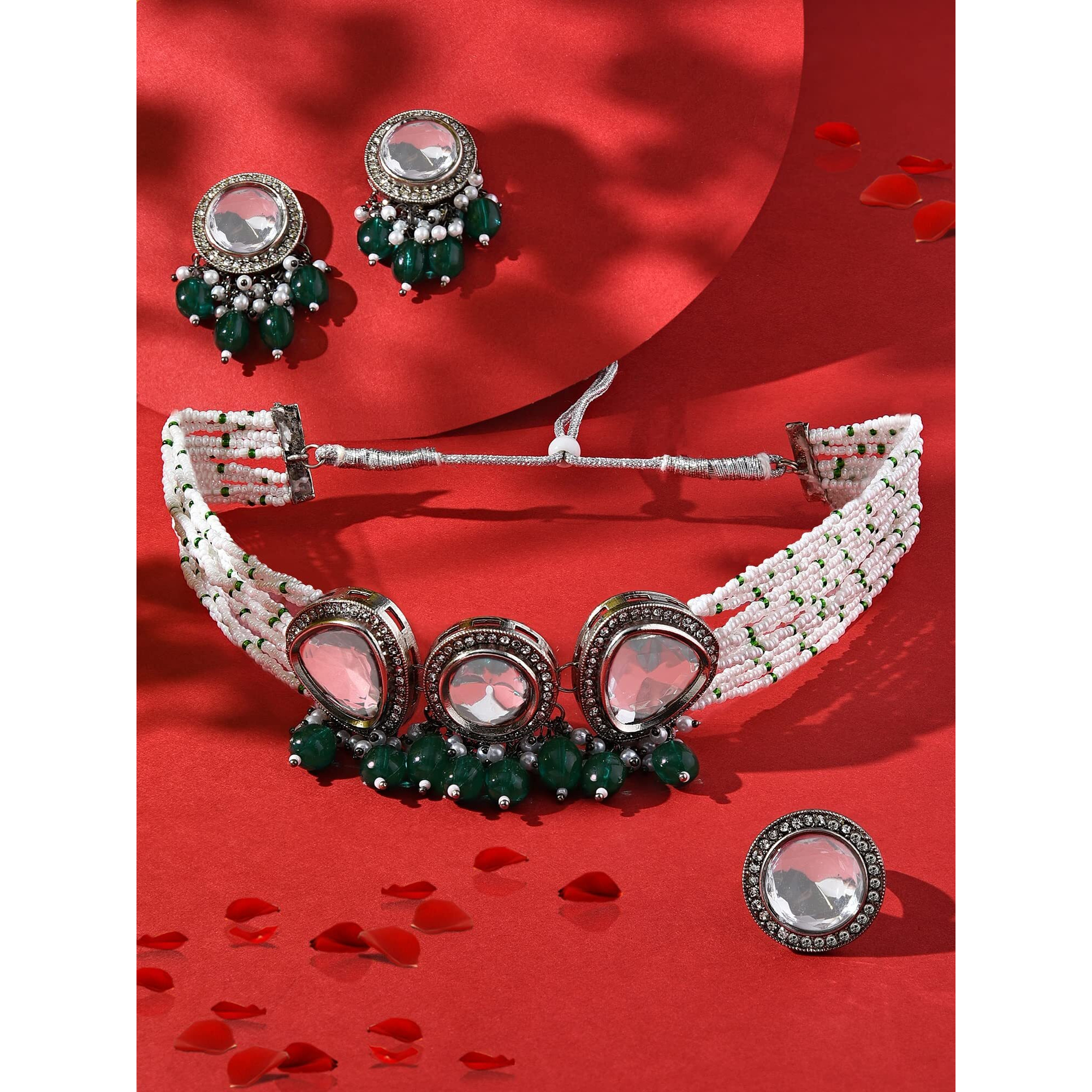 ZAVERI PEARLS Green Multistrand Dazzling Stones Choker Necklace Earring & Ring Set For Women-ZPFK15912