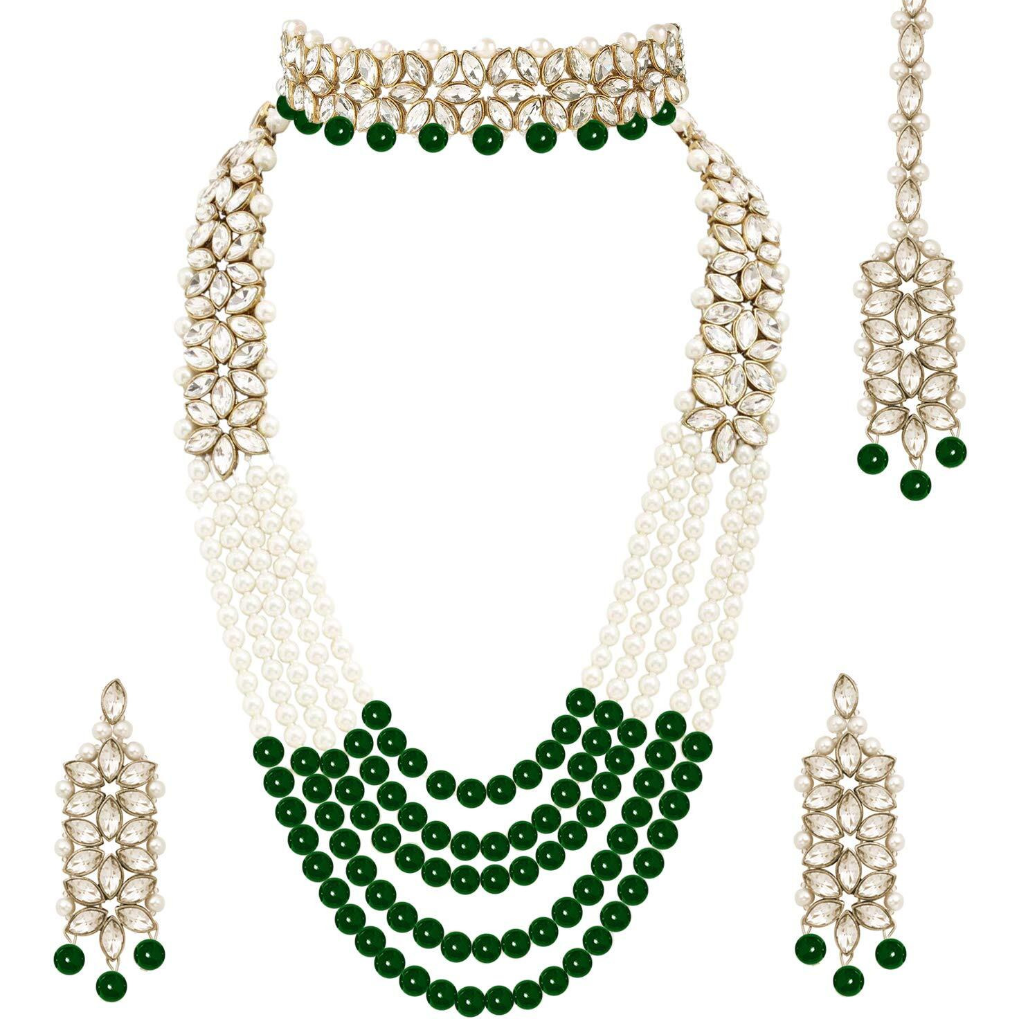 Peora Indian Traditional Gold Plated Kundan Faux Pearl Wedding Bridal Necklace Jewellery Set with Earring Maang Tikka for Women Girls
