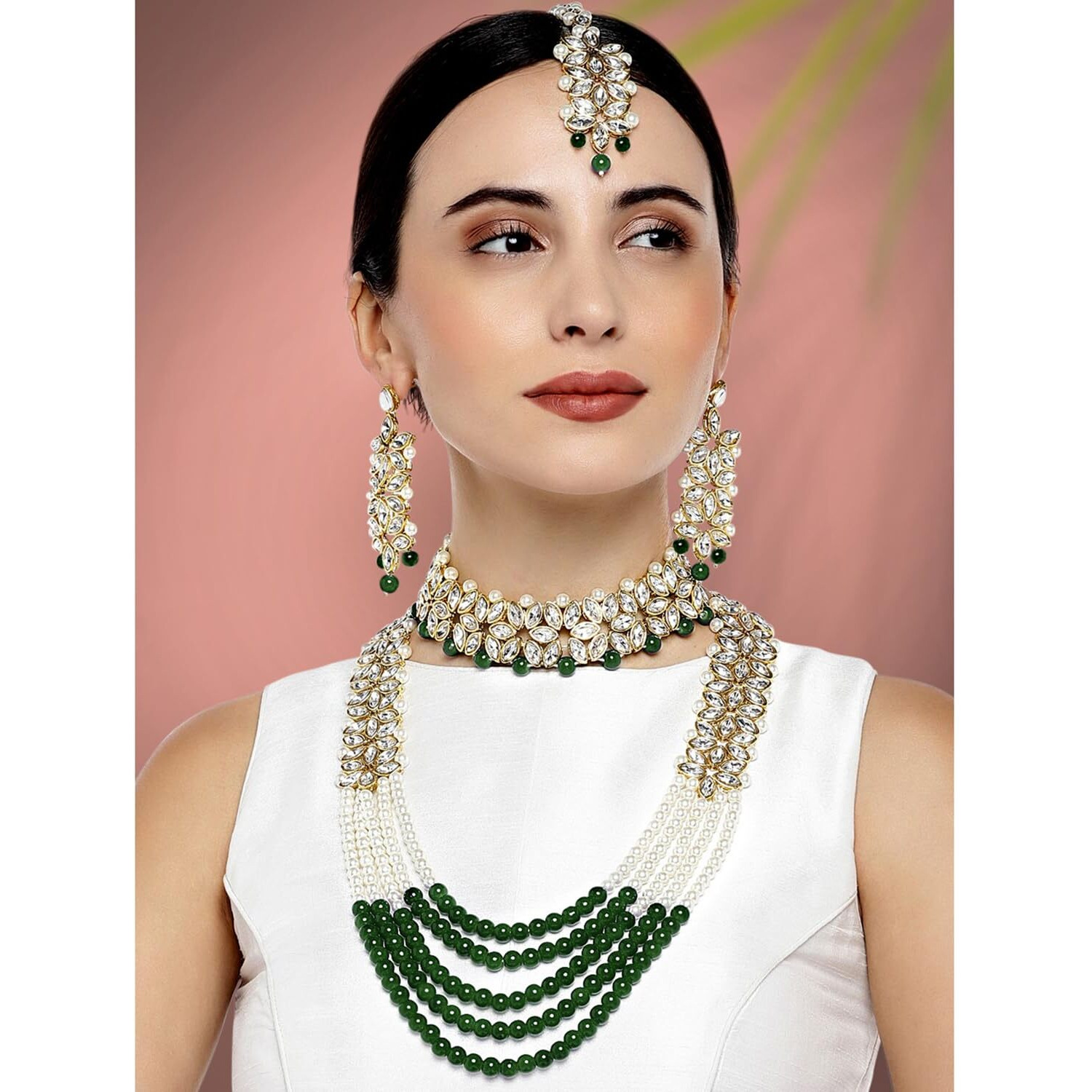 Peora Indian Traditional Gold Plated Kundan Faux Pearl Wedding Bridal Necklace Jewellery Set with Earring Maang Tikka for Women Girls
