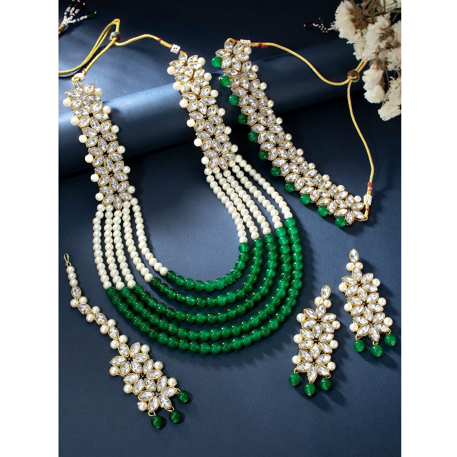 Peora Indian Traditional Gold Plated Kundan Faux Pearl Wedding Bridal Necklace Jewellery Set with Earring Maang Tikka for Women Girls