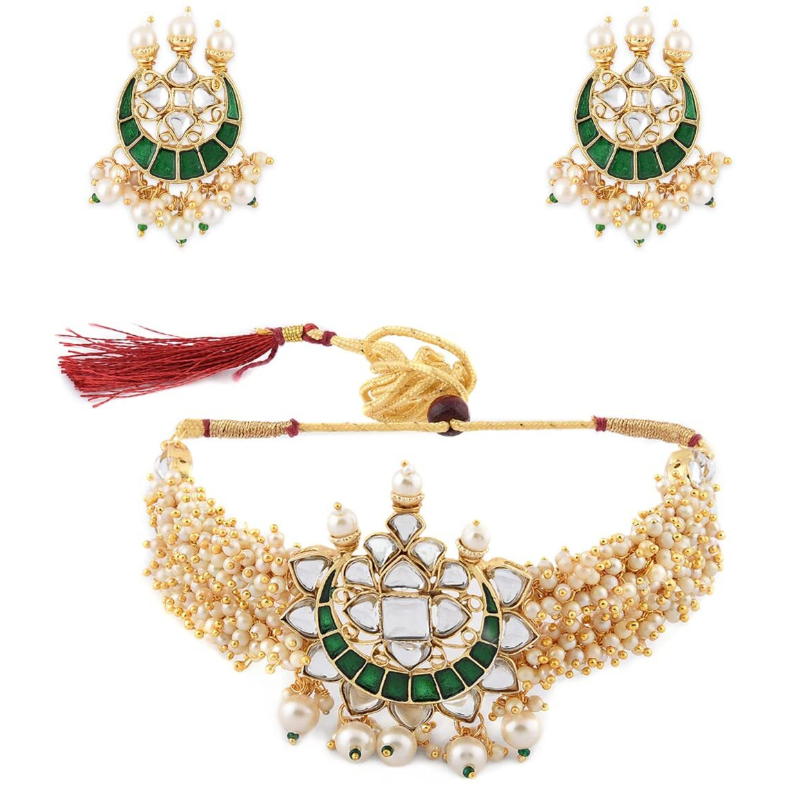 ZAVERI PEARLS Green Meenakari Clustered Pearls Patta Kundan Choker Necklace & Earring Set For Women-ZPFK10236