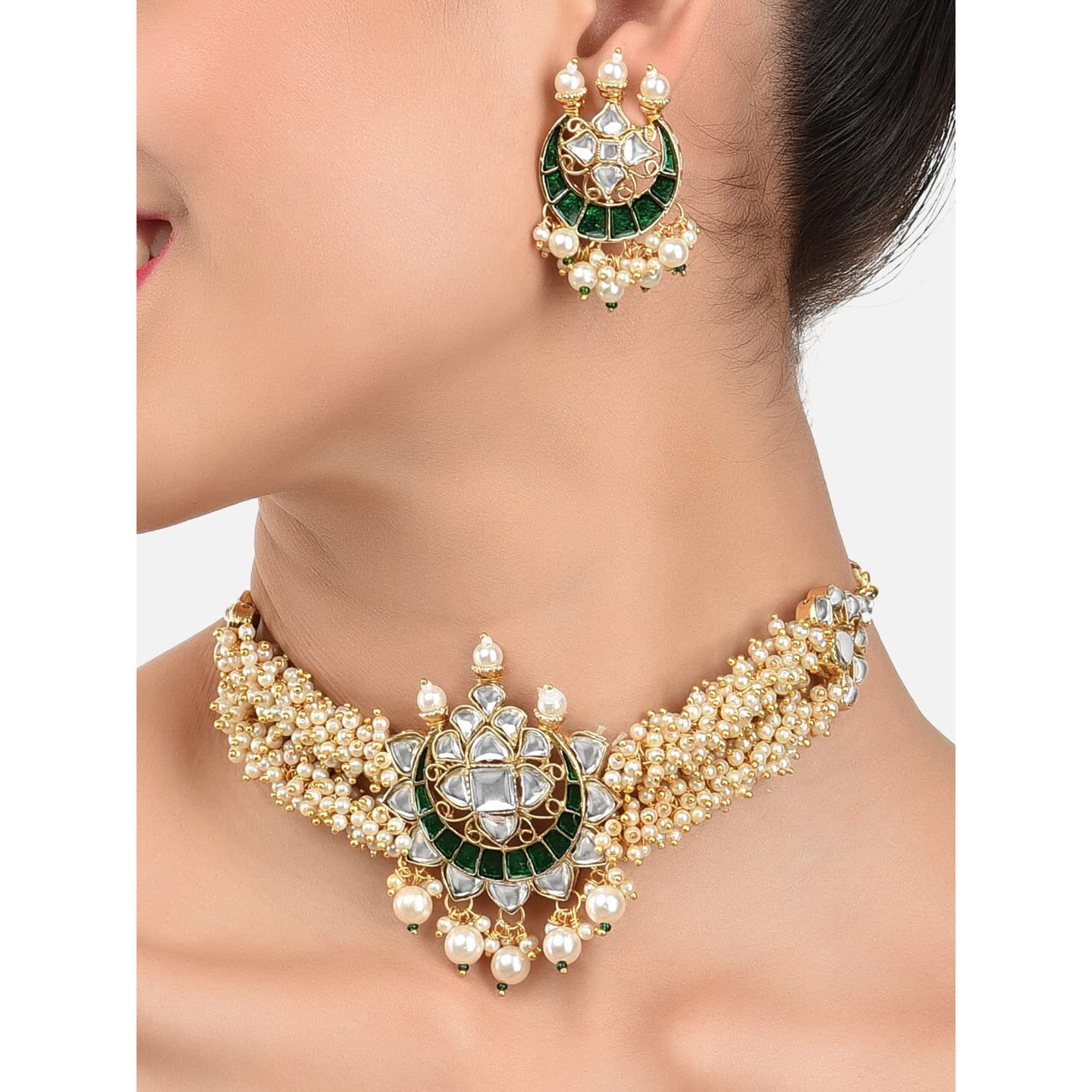ZAVERI PEARLS Green Meenakari Clustered Pearls Patta Kundan Choker Necklace & Earring Set For Women-ZPFK10236