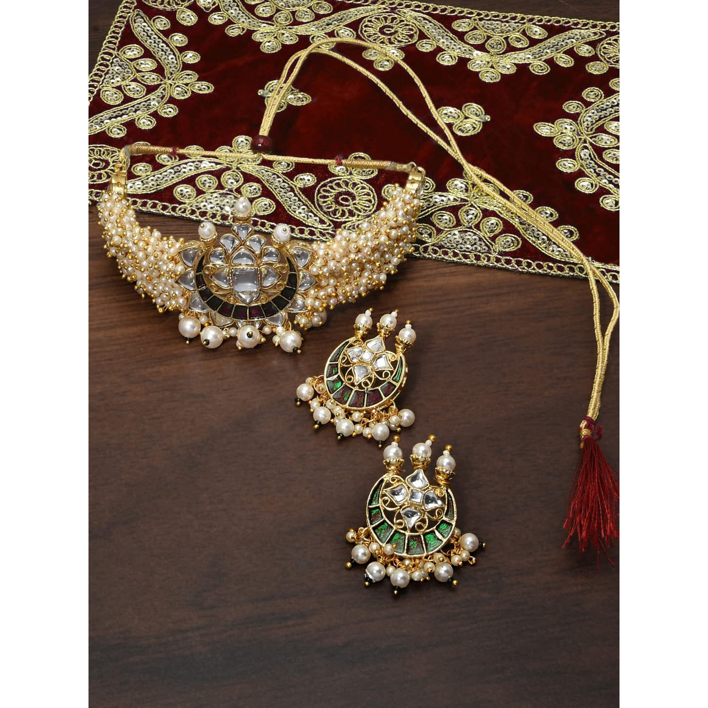 ZAVERI PEARLS Green Meenakari Clustered Pearls Patta Kundan Choker Necklace & Earring Set For Women-ZPFK10236