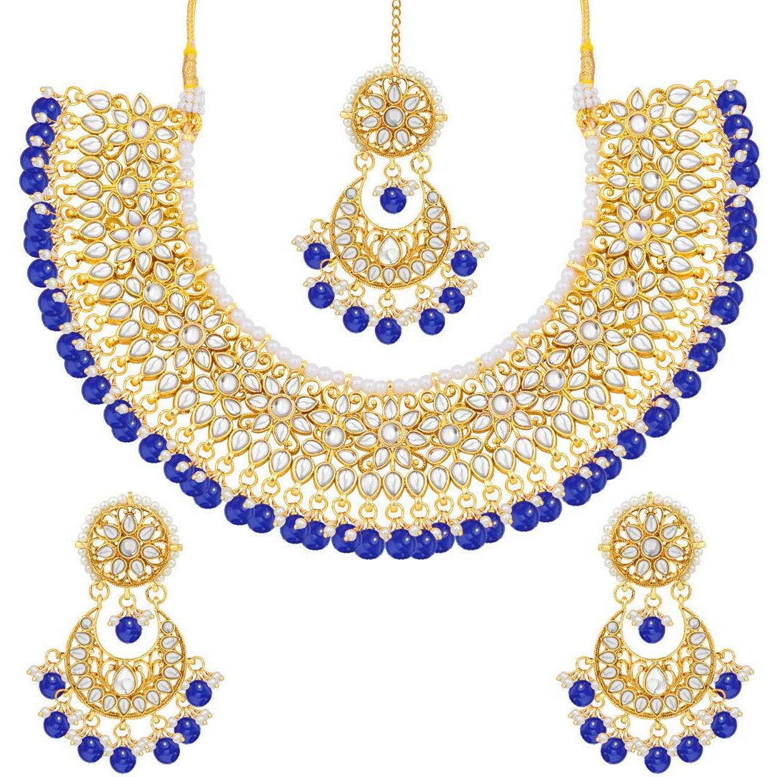 Peora Gold Plated Kundan Choker Necklace Earrings with Maang Tikka Jewellery Set for Women