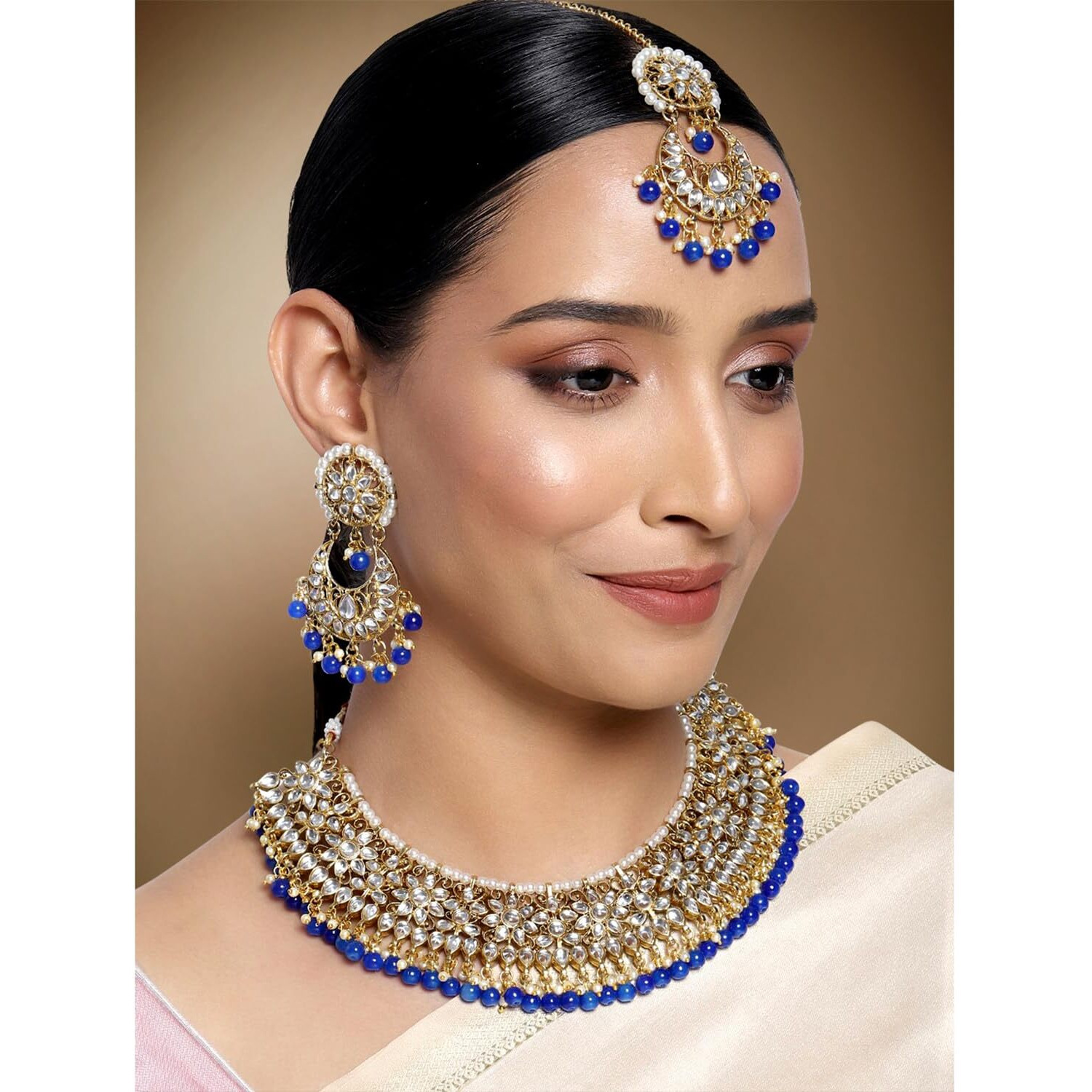 Peora Gold Plated Kundan Choker Necklace Earrings with Maang Tikka Jewellery Set for Women